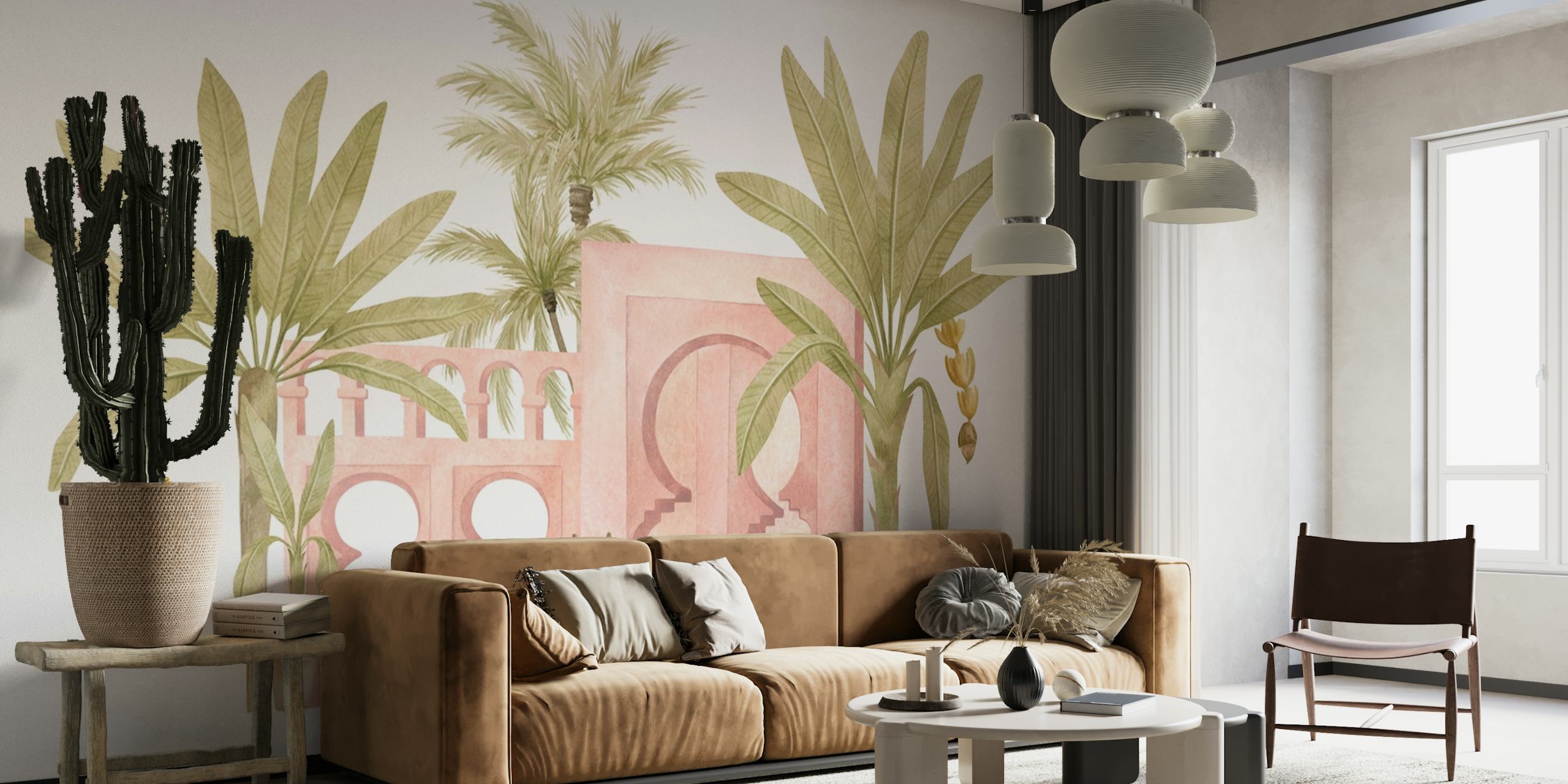 Pink arches and palm trees with green leaves wall mural