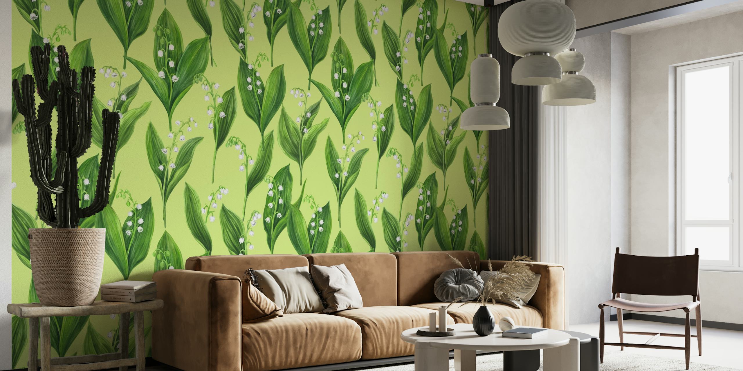 Lily of the valley pattern with bell-shaped flowers and vibrant green leaves wall mural