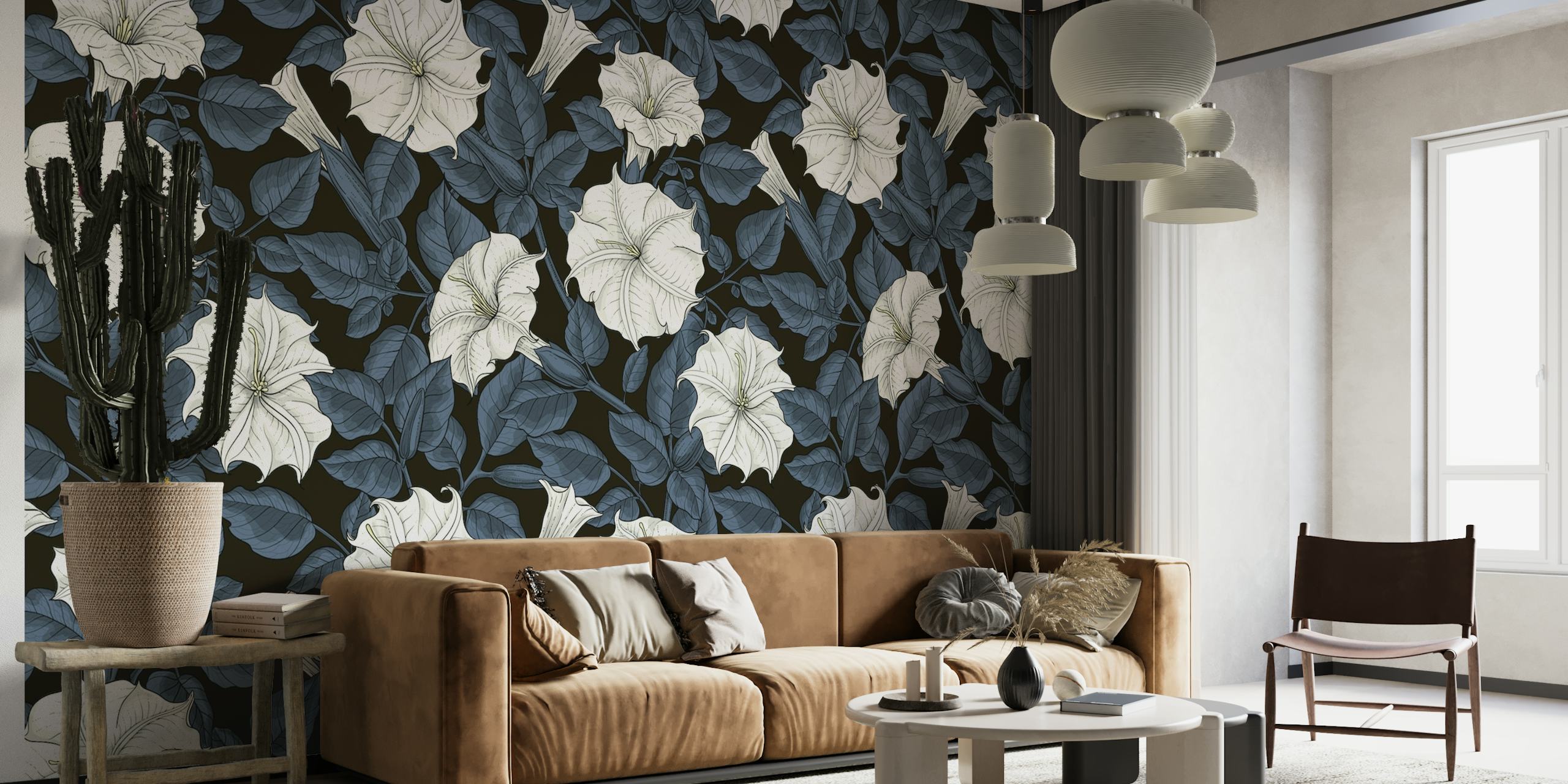 A wall mural with white moonflowers on a dark background, creating a striking contrast.