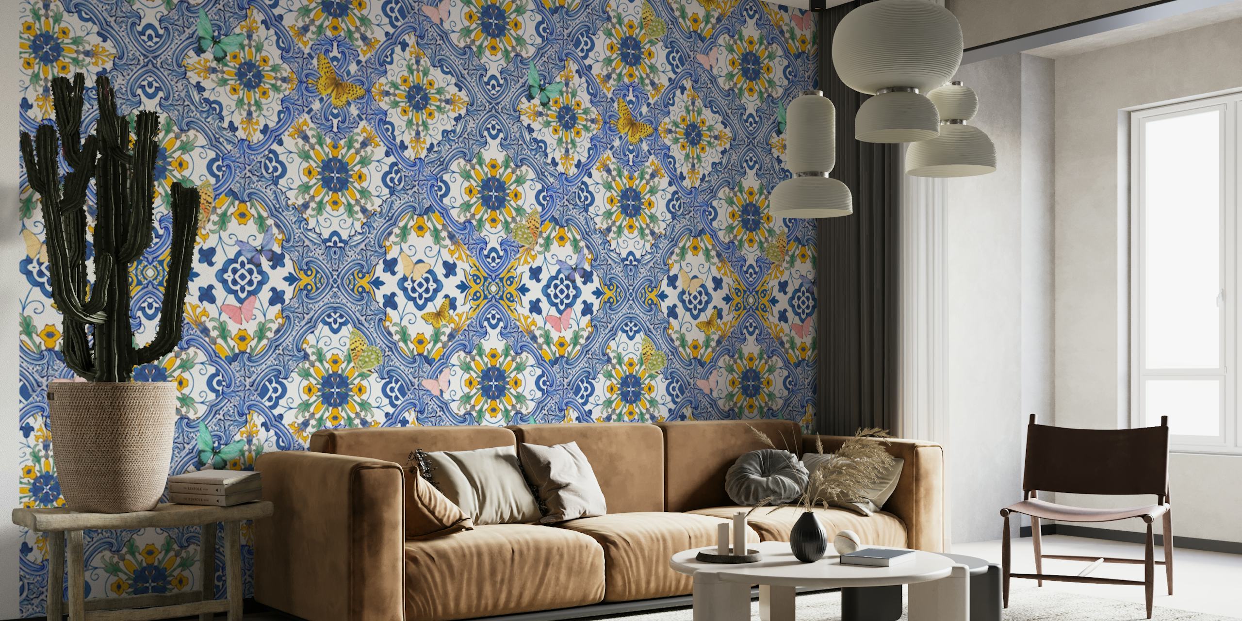 Blue tiles and butterflies wallpaper design