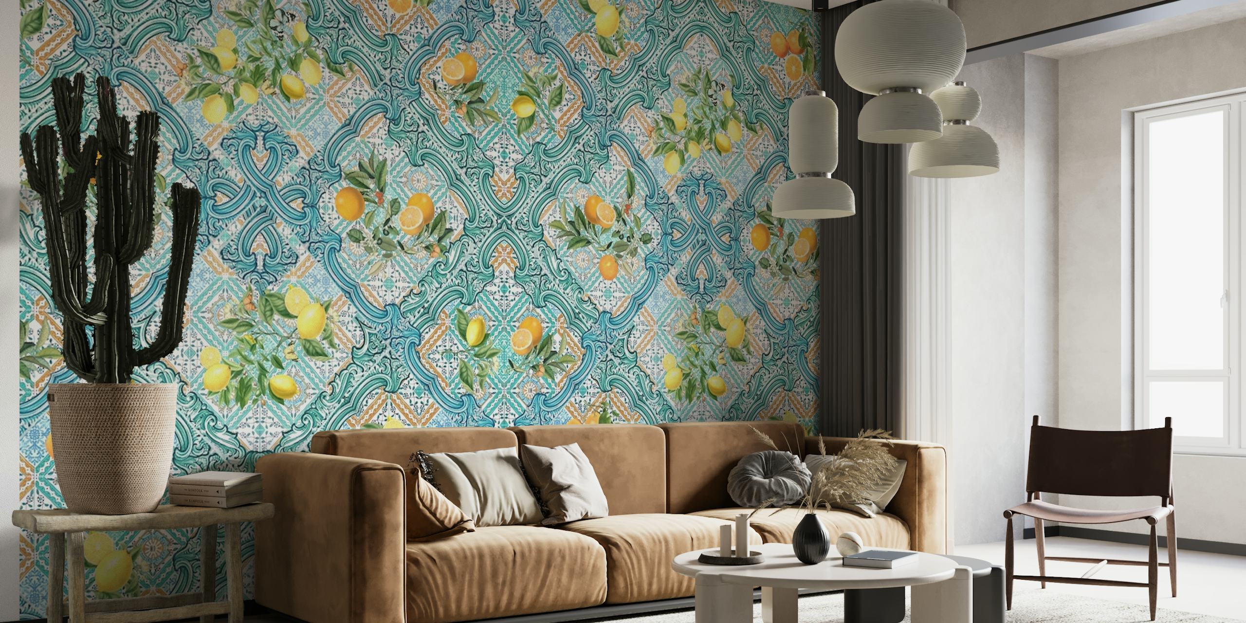 Blauwgroen geometrische tegels met citrusvruchten muurschildering