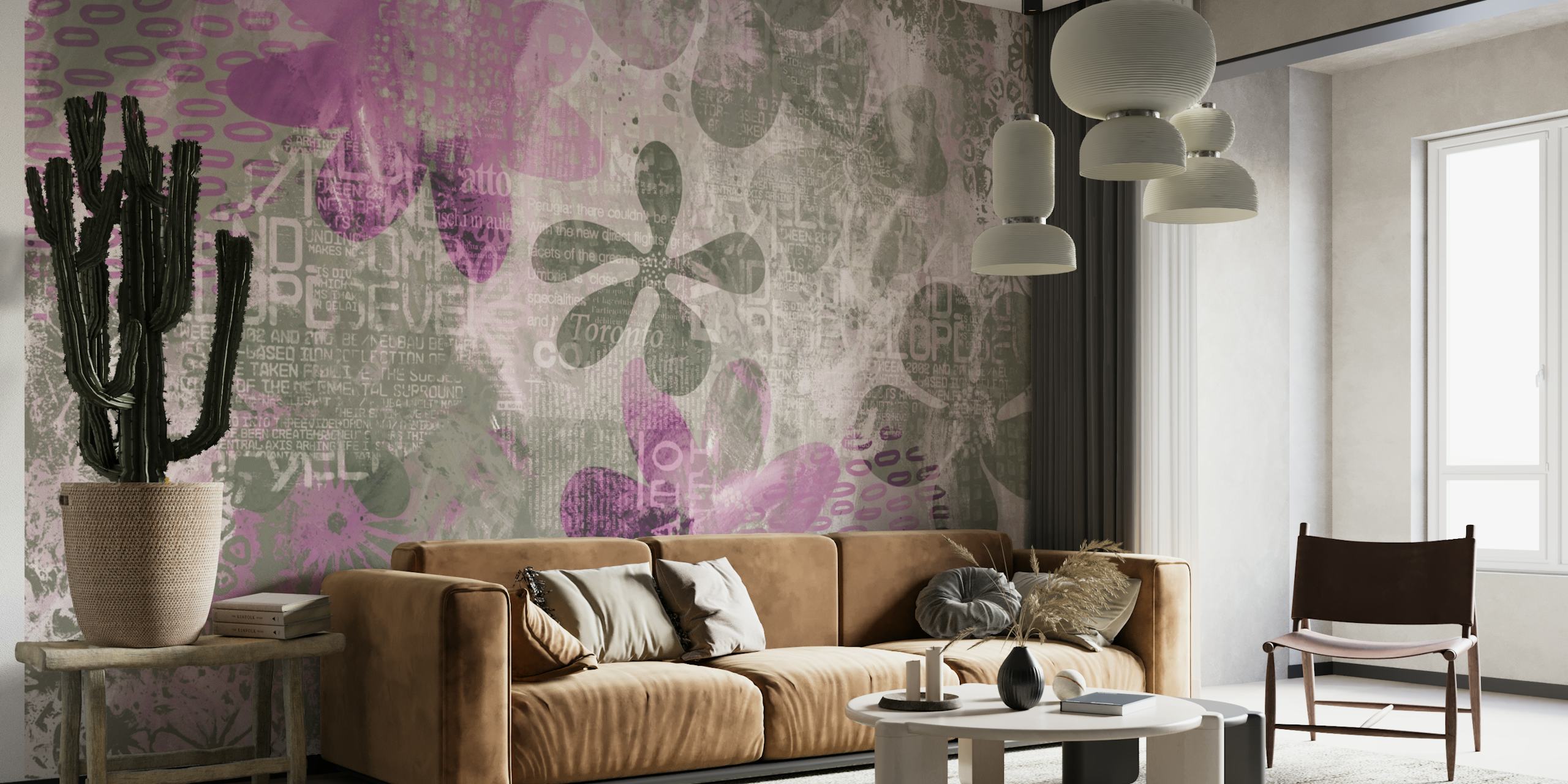 Flower Mixed Media Pink Grey wallpaper