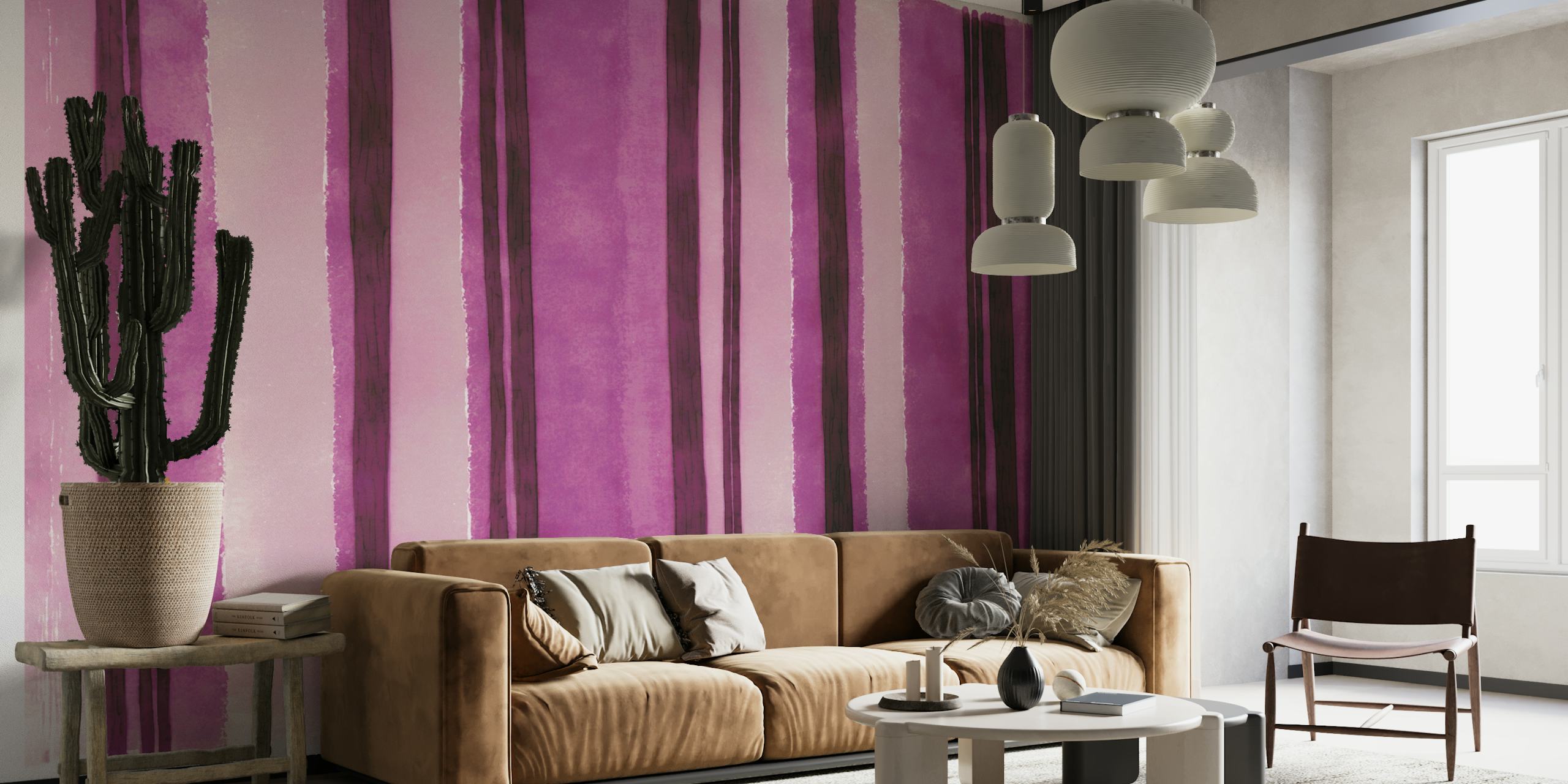 Fotomural vinílico de parede com listras aquarela rosa fúcsia com texturas de aquarela ousadas e suaves