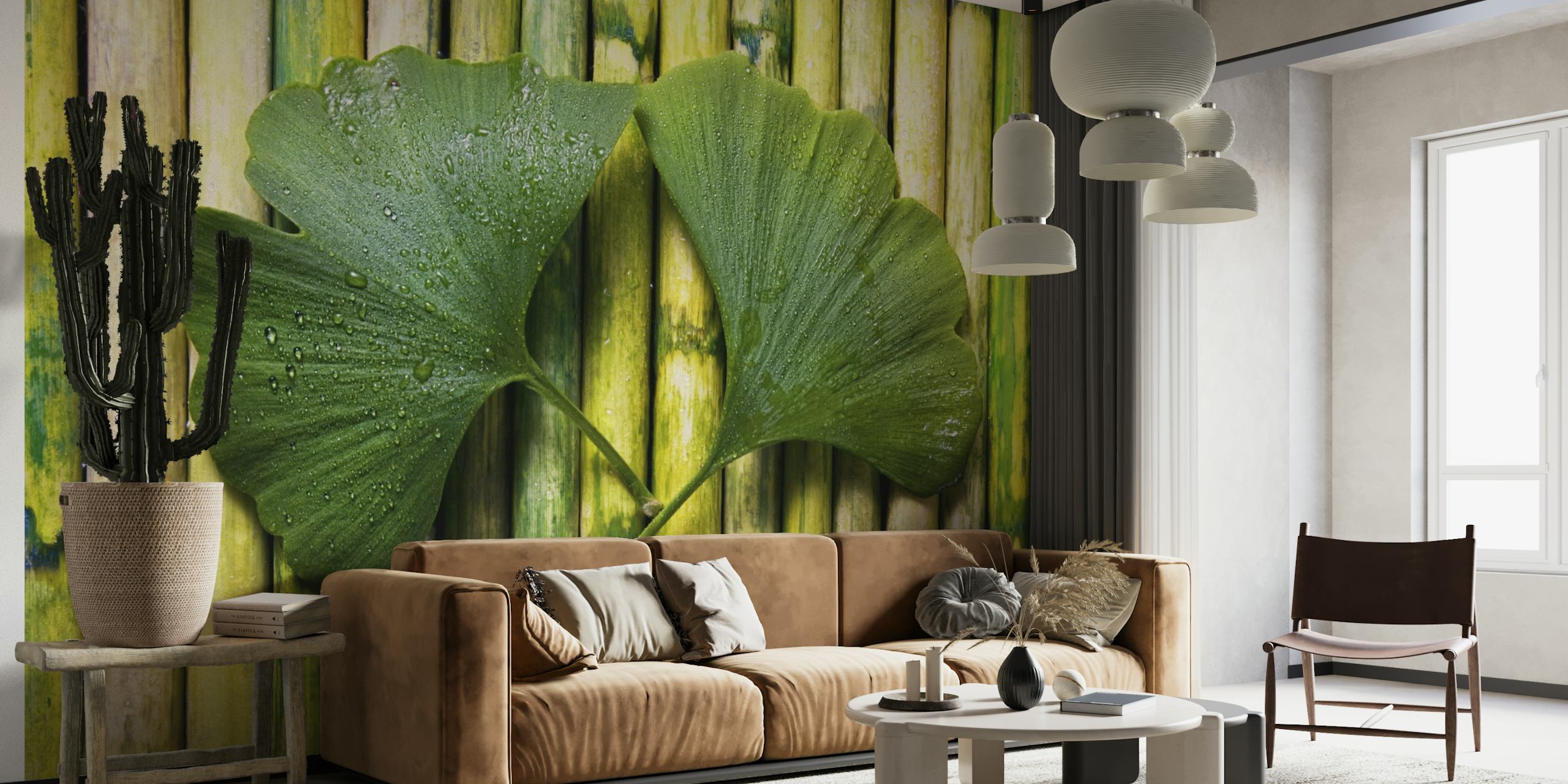 Green Gingko Leaf On Bamboo wallpaper