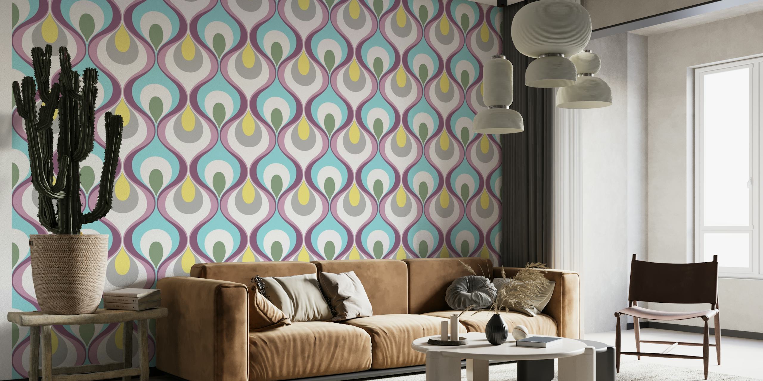 Geometric pattern wall mural with teal, peach, and beige colors in a retro style
