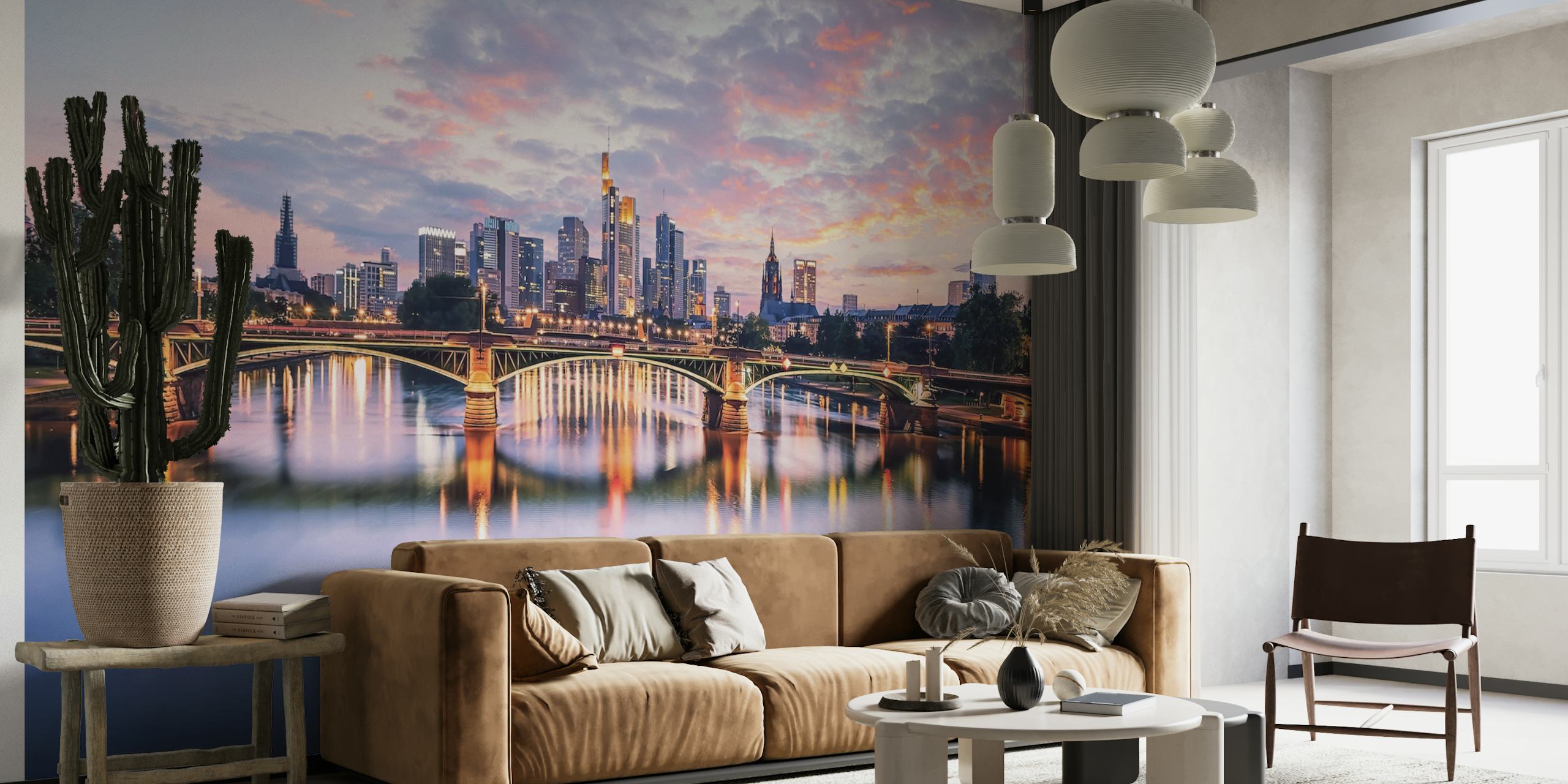 City skyline during sunset with colorful sky wallpaper