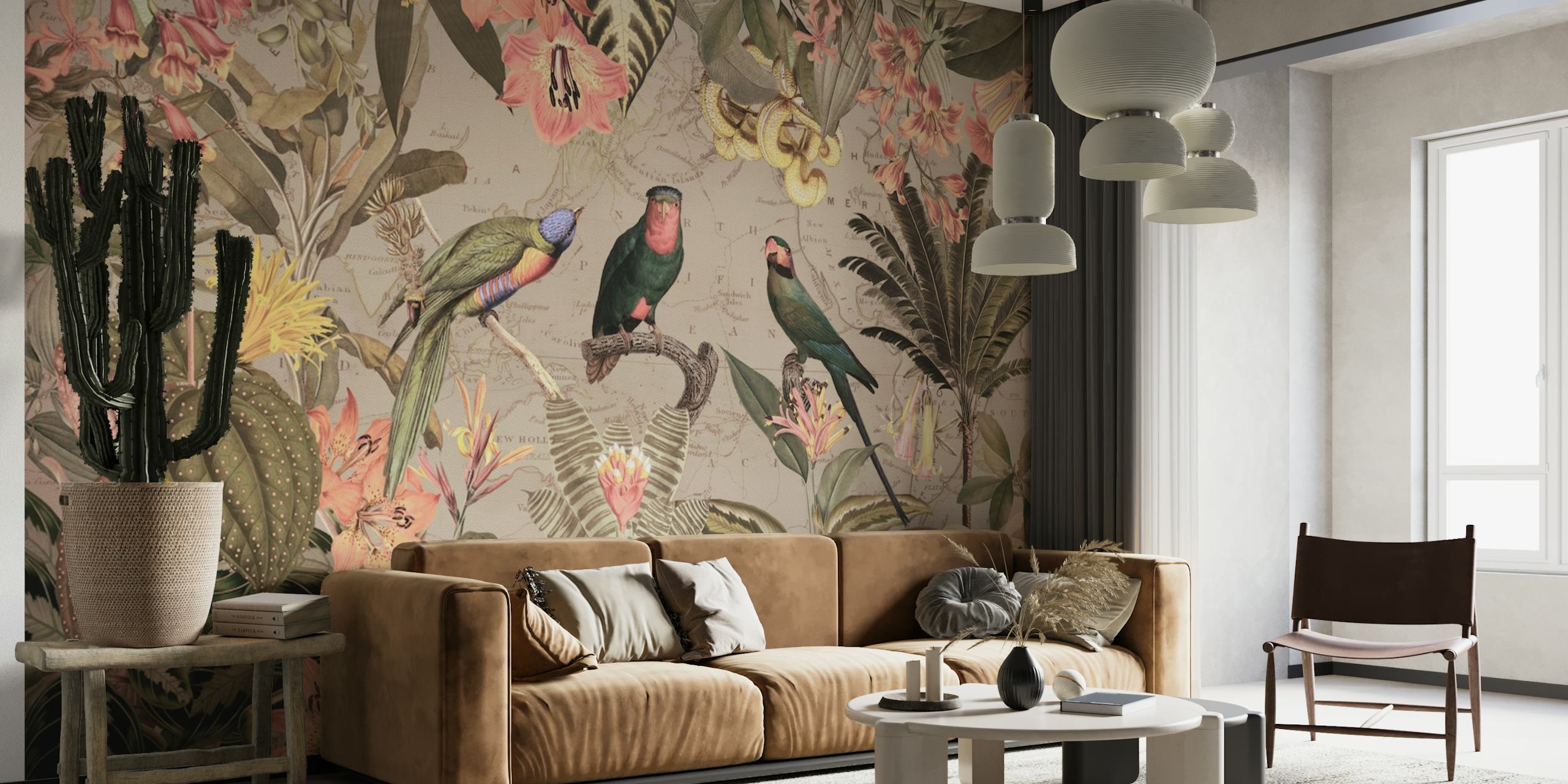 Exotic Sepia Parrots Jungle Landscape papel de parede