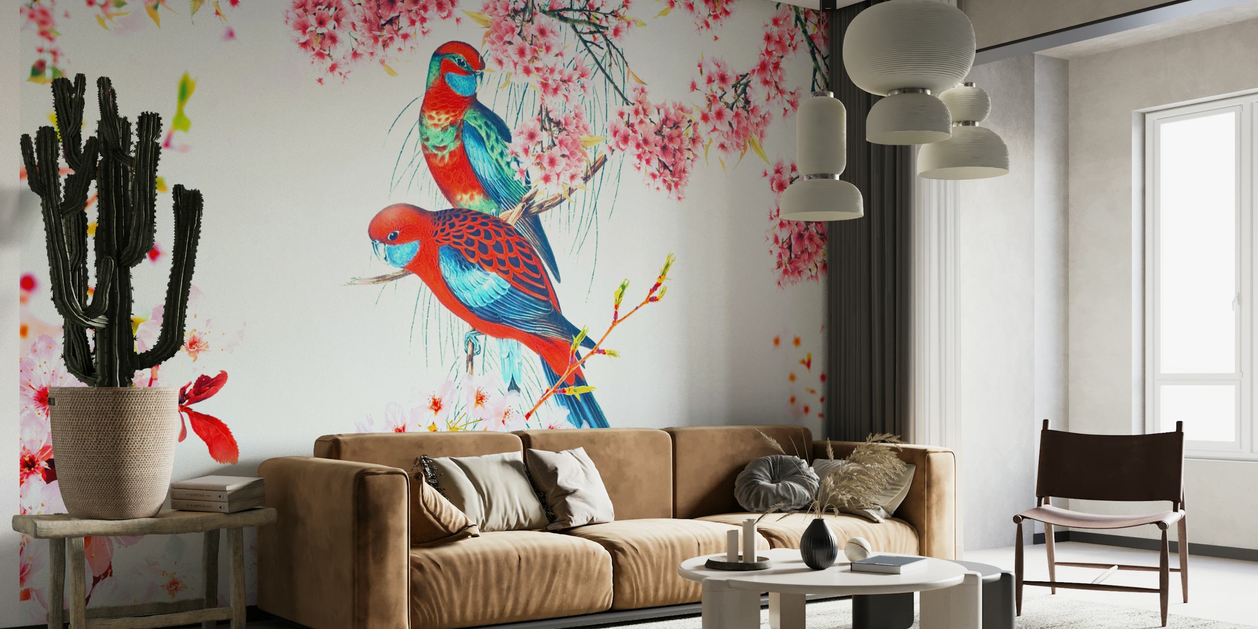 Colorful birds perched on pink cherry blossoms wallpaper