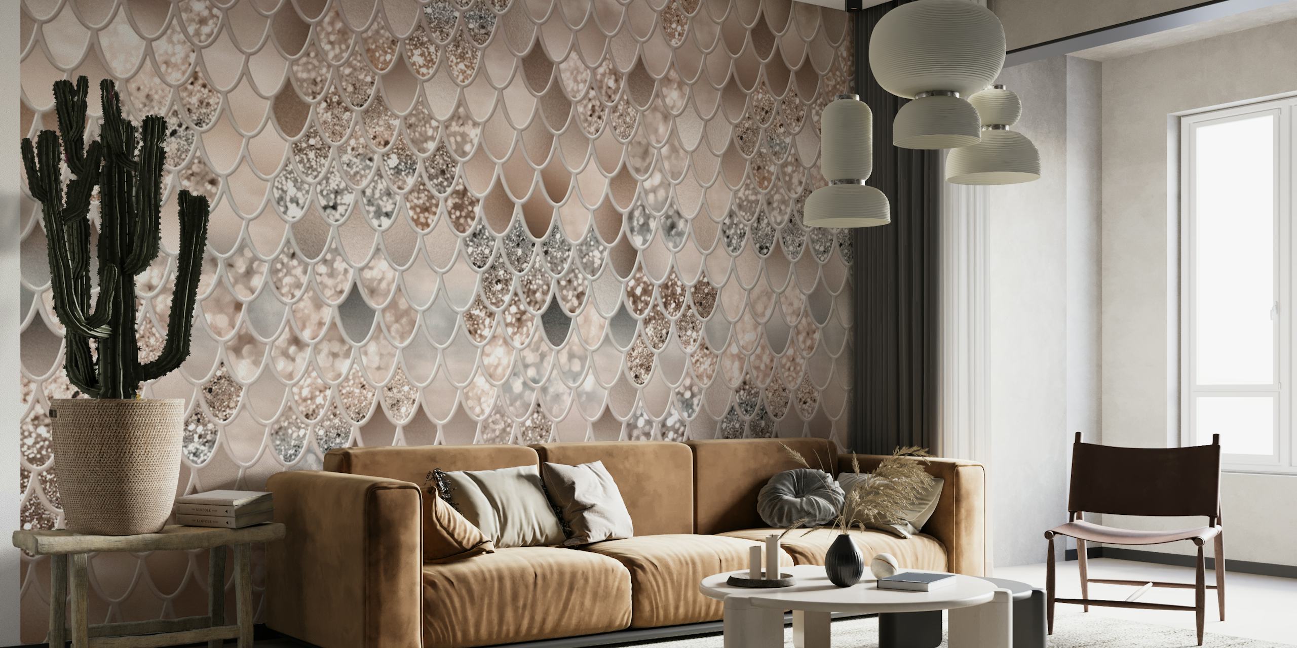 Glamorous mermaid scales in soft pink, gold, and silver wallpaper