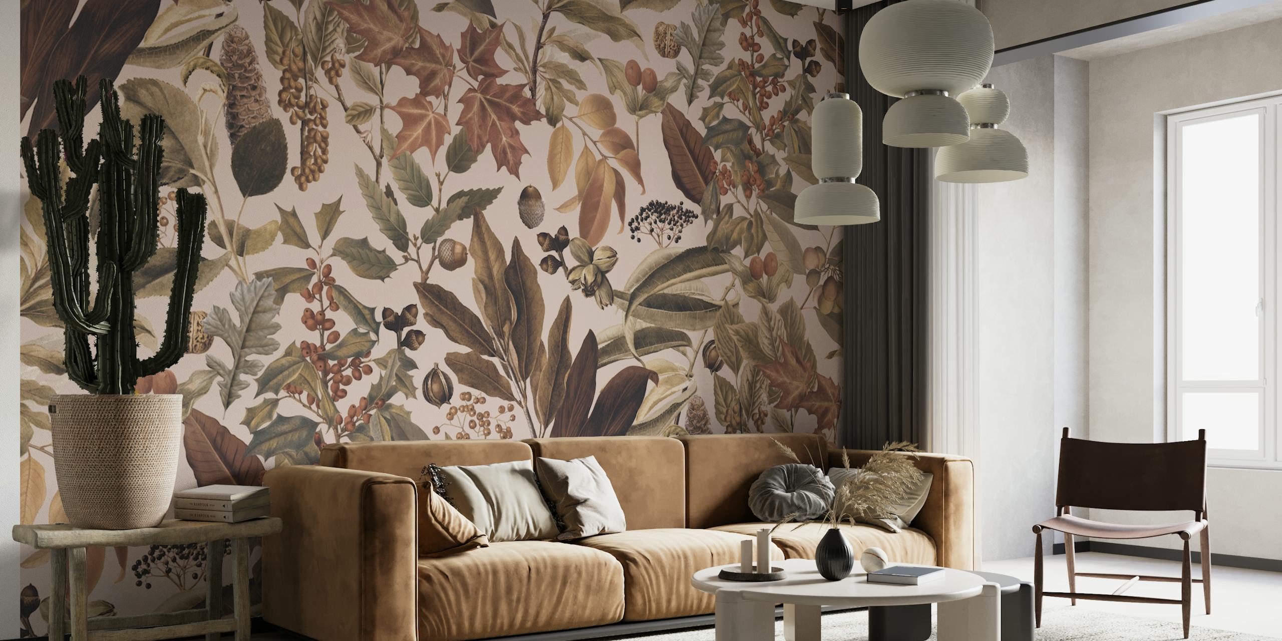 Gemütliches, saisonales Wandbild mit botanischer Kunst im Herbst-Look, das Blätter in warmen Herbstfarben zeigt.
