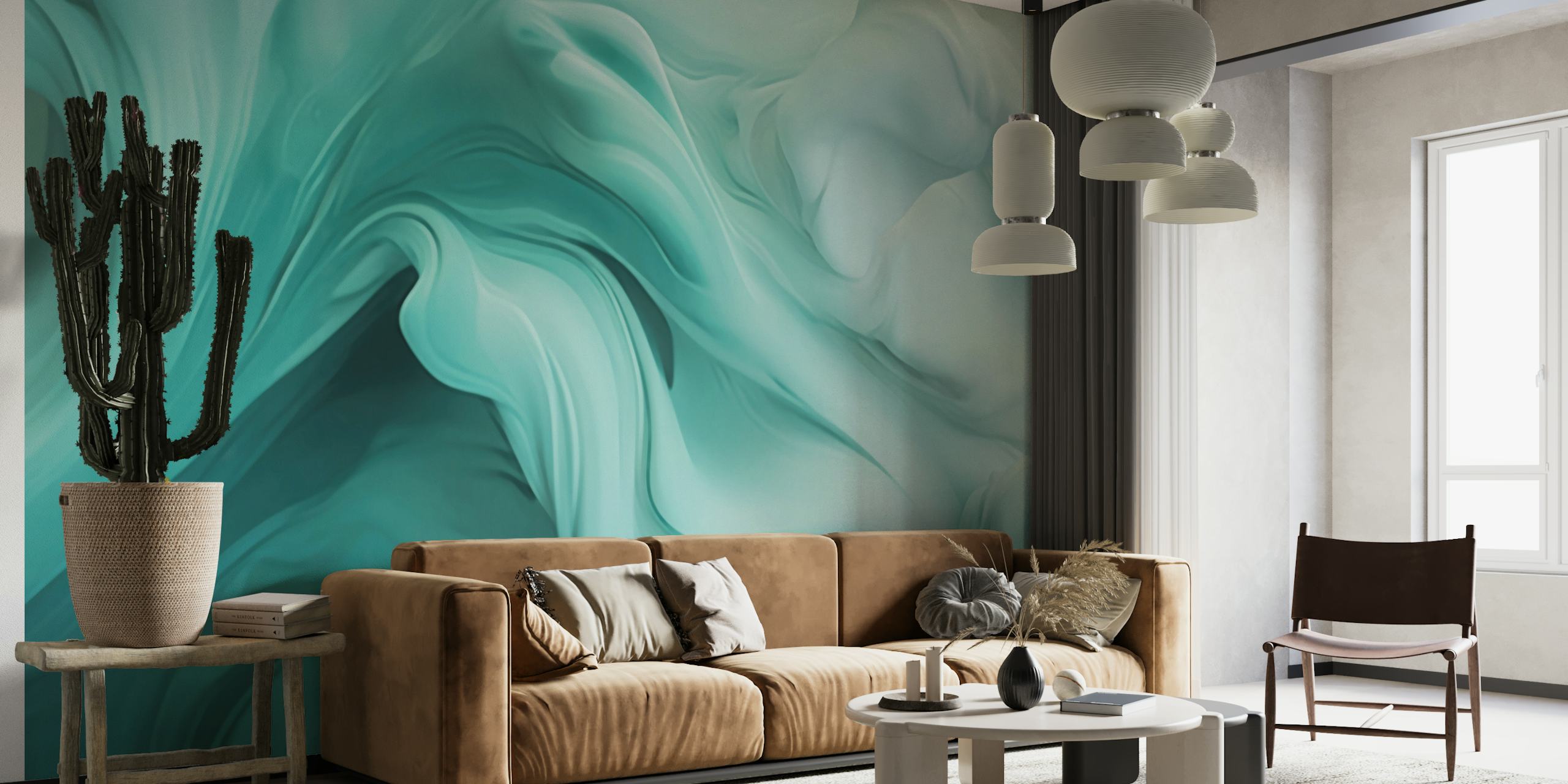 Papier peint mural art fluide abstrait menthe pastel et turquoise