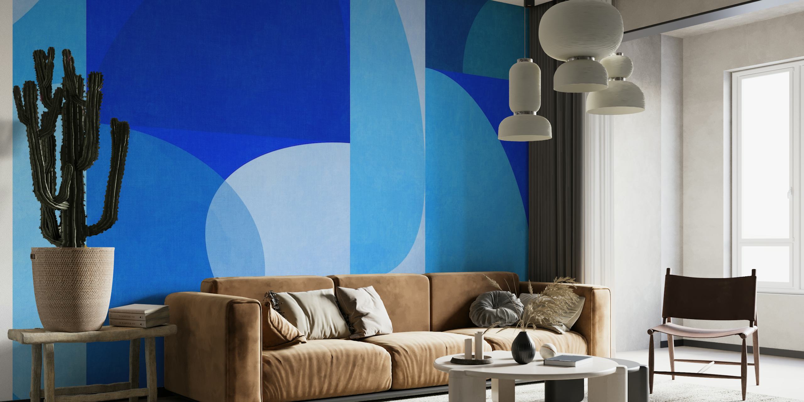 Abstract mid-century modern style wall mural in shades of blue with geometric shapes