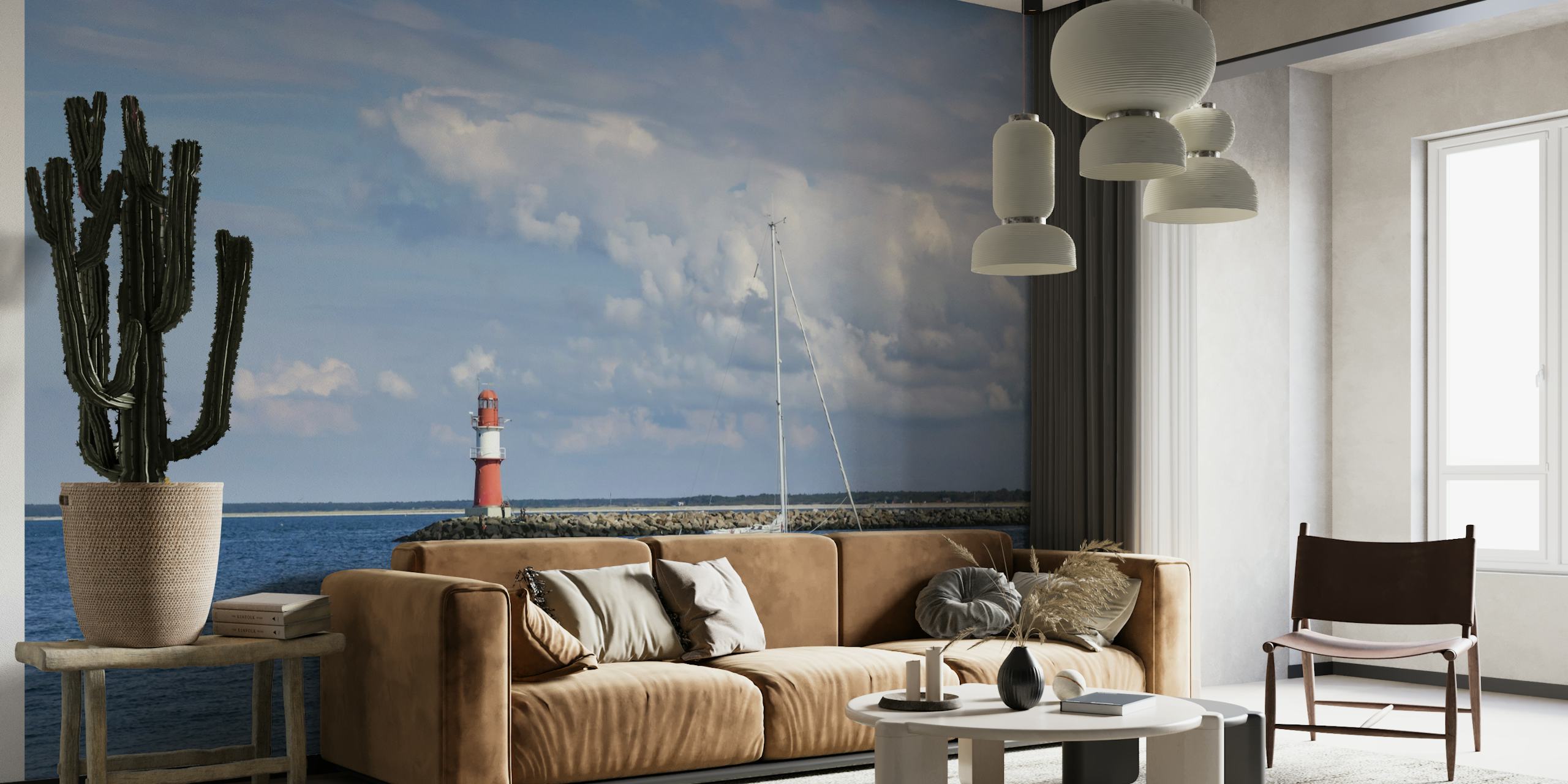 Photo murale de la mer Baltique avec phare et bateau dans le nord-est de l'Allemagne