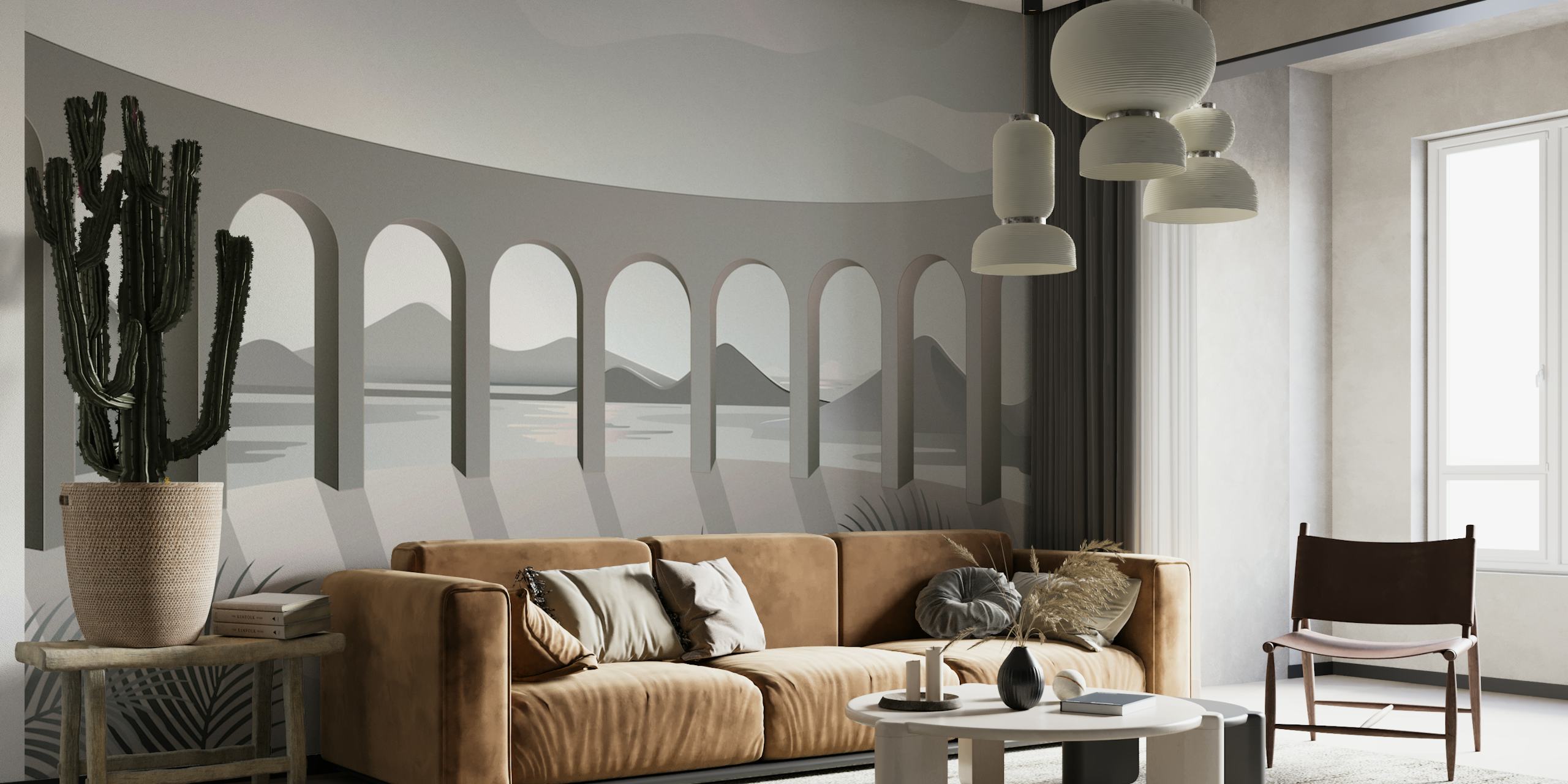 Gray architectural wallpaper featuring arches and mountains