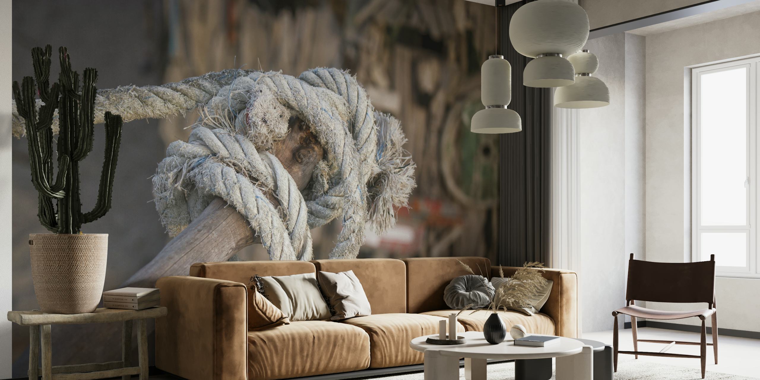 Old rope tied on driftwood wallpaper