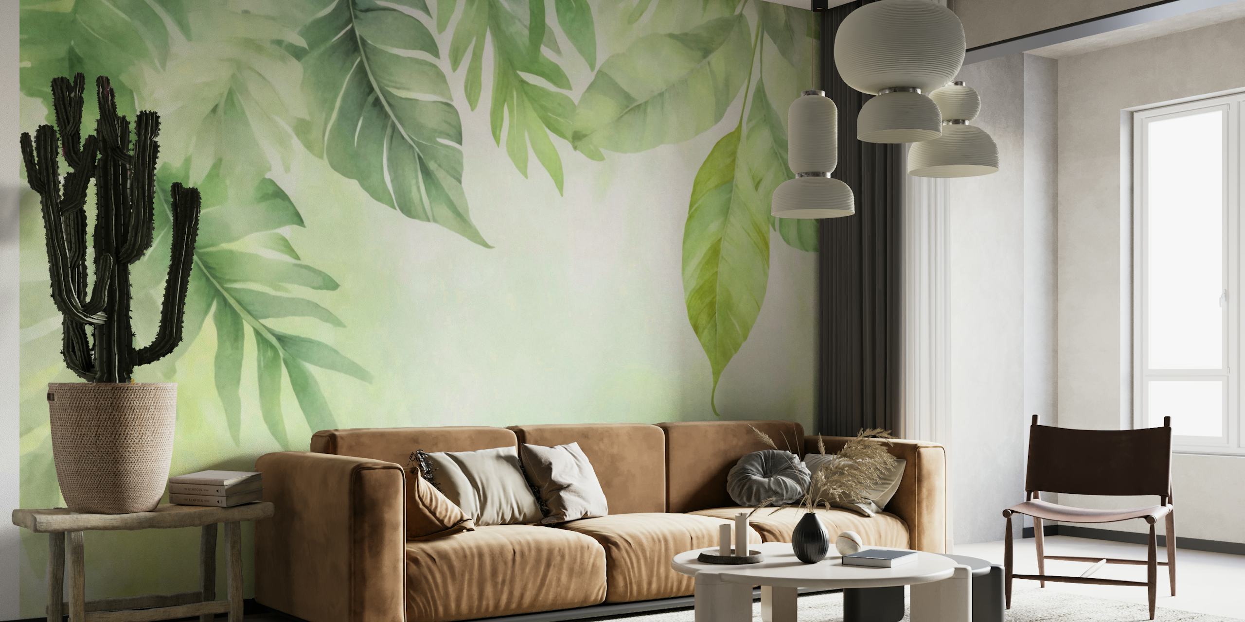 Calm Foliage Fresh Green Watercolor Leaves papel de parede