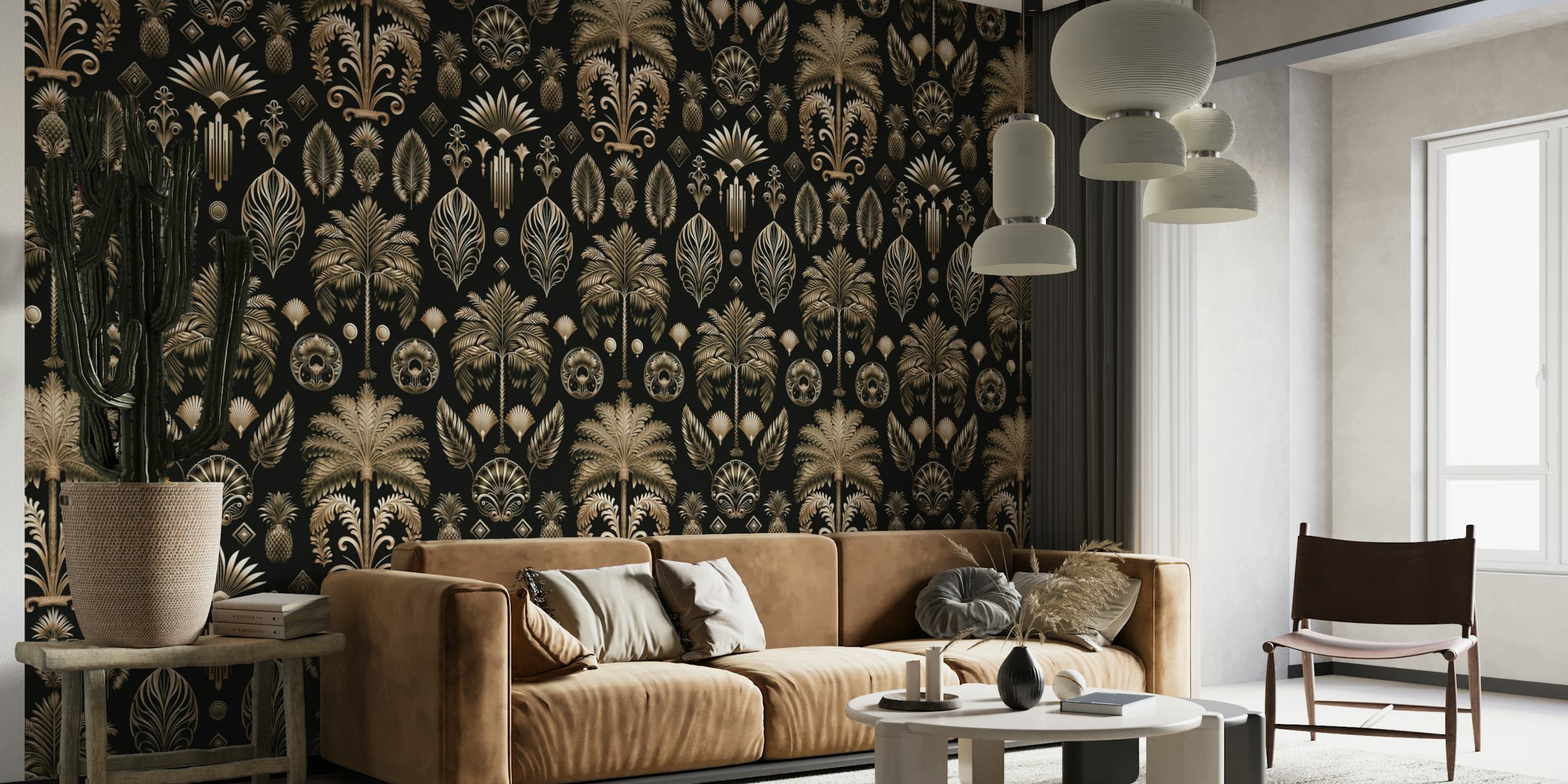 Exquisite Art Decor Design With Palm Trees And Ornamnts Gold On Black ταπετσαρία