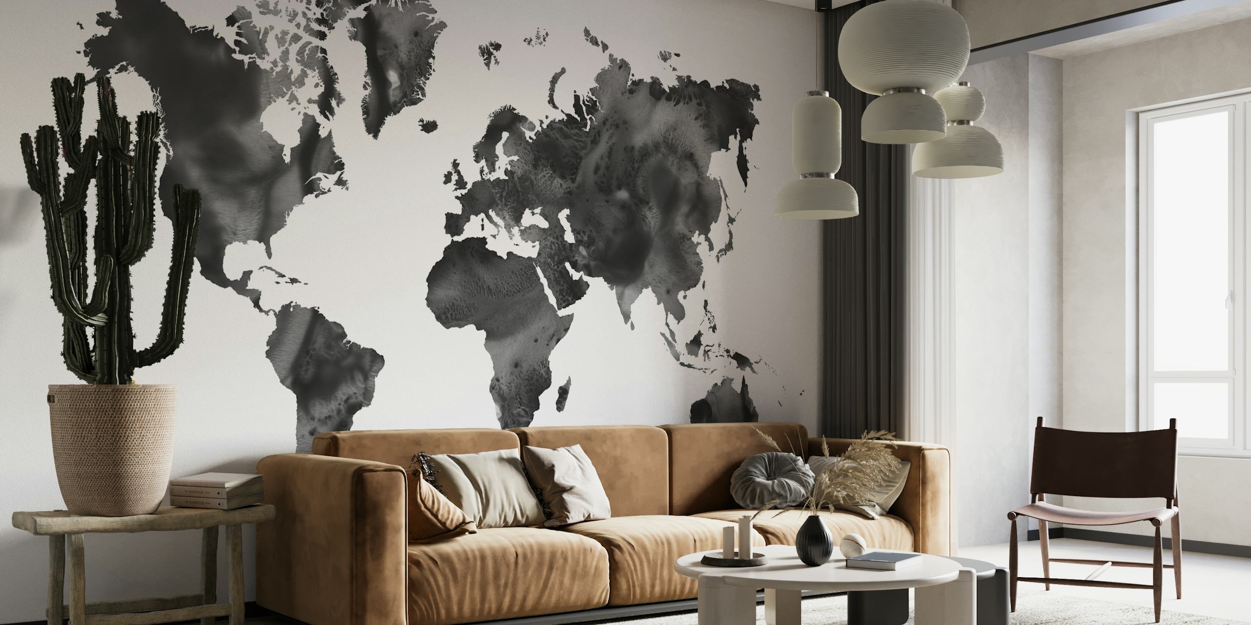 Watercolor World Map in Black behang