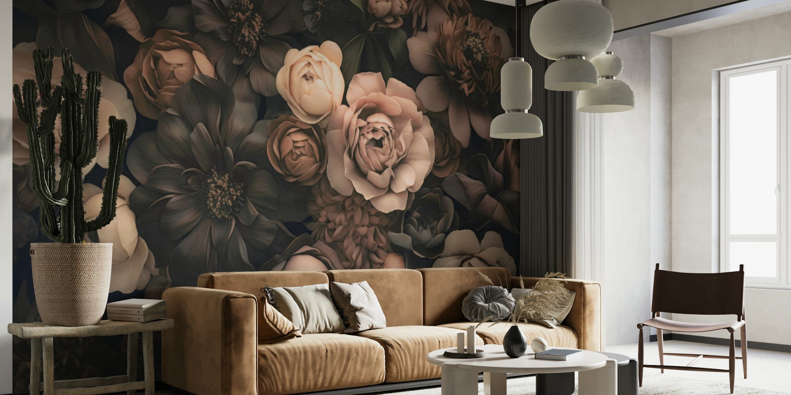 Opulent baroque-style flowers in shades of blush and brown with a moody botanical feel