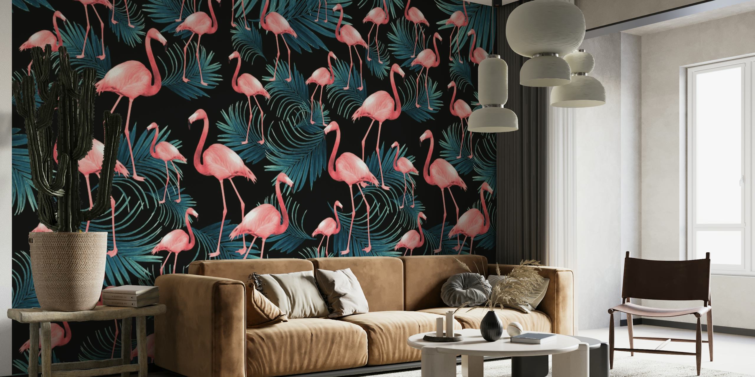Summer Flamingo Palm Night 1a papel pintado
