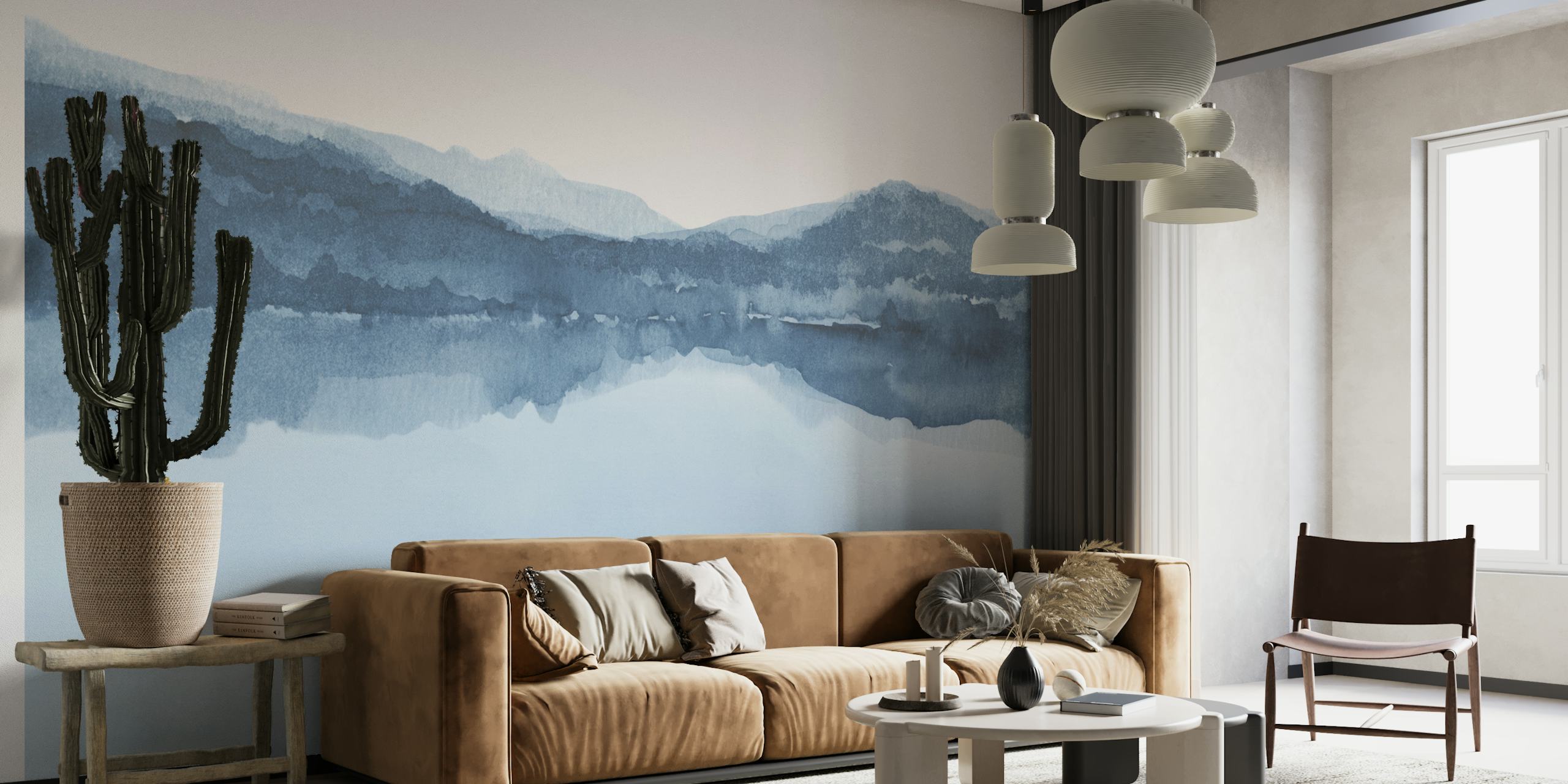 Watercolor landscape with blue mountains and horizon wallpaper