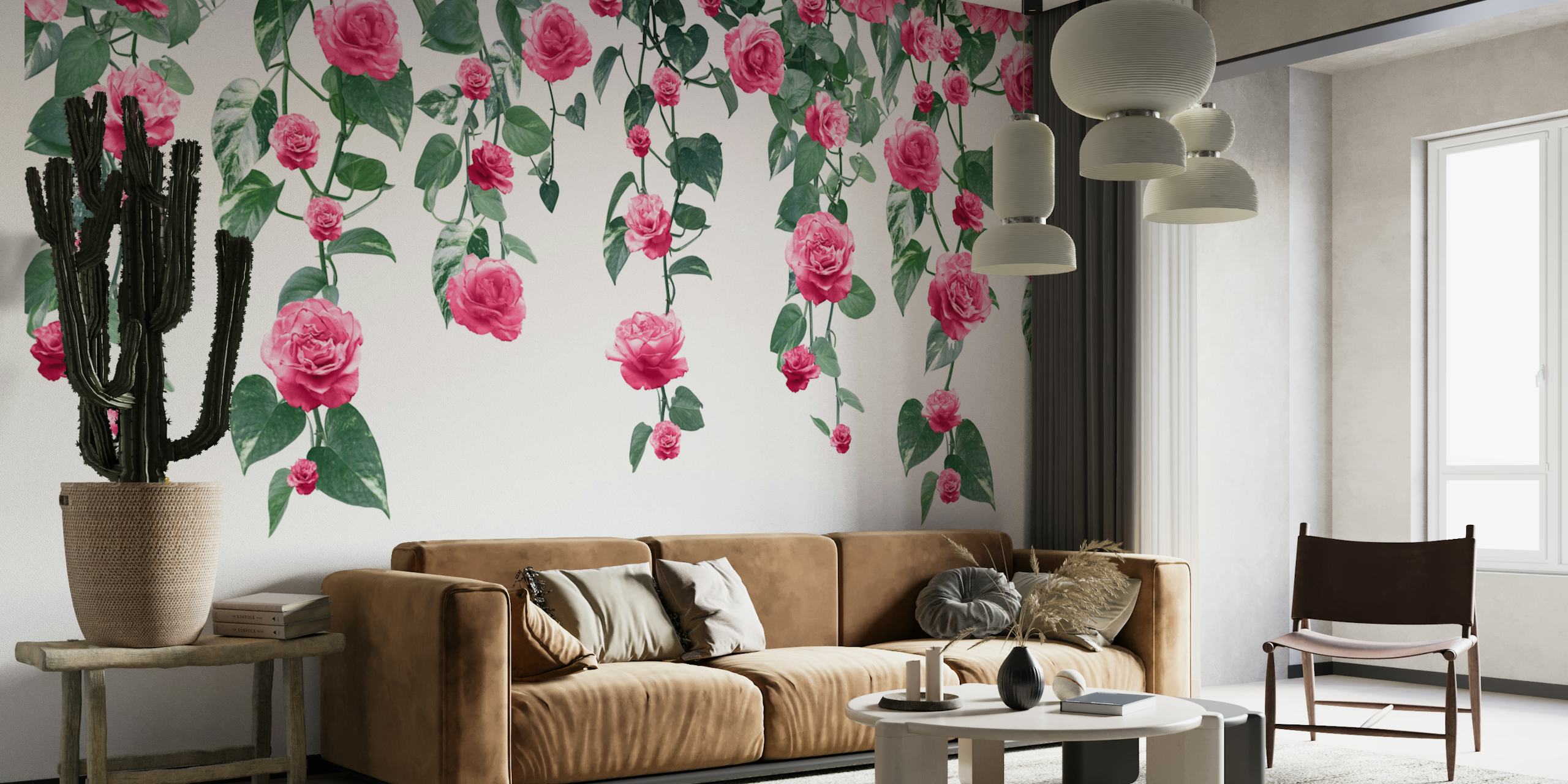 Cascading pink roses and ivy leaves on white background wallpaper