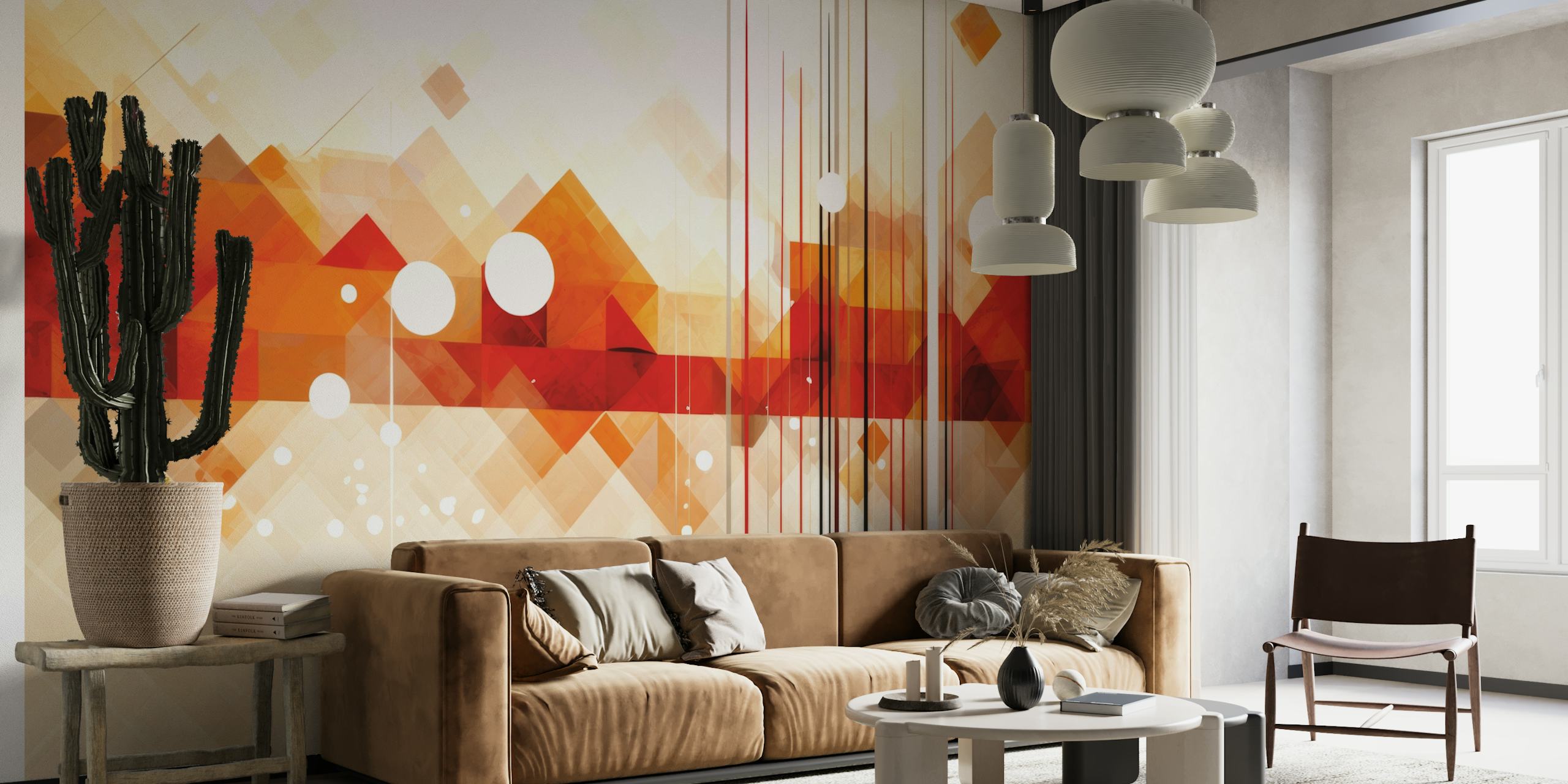 Abstract geometric wall mural with autumn tones and mountain shapes