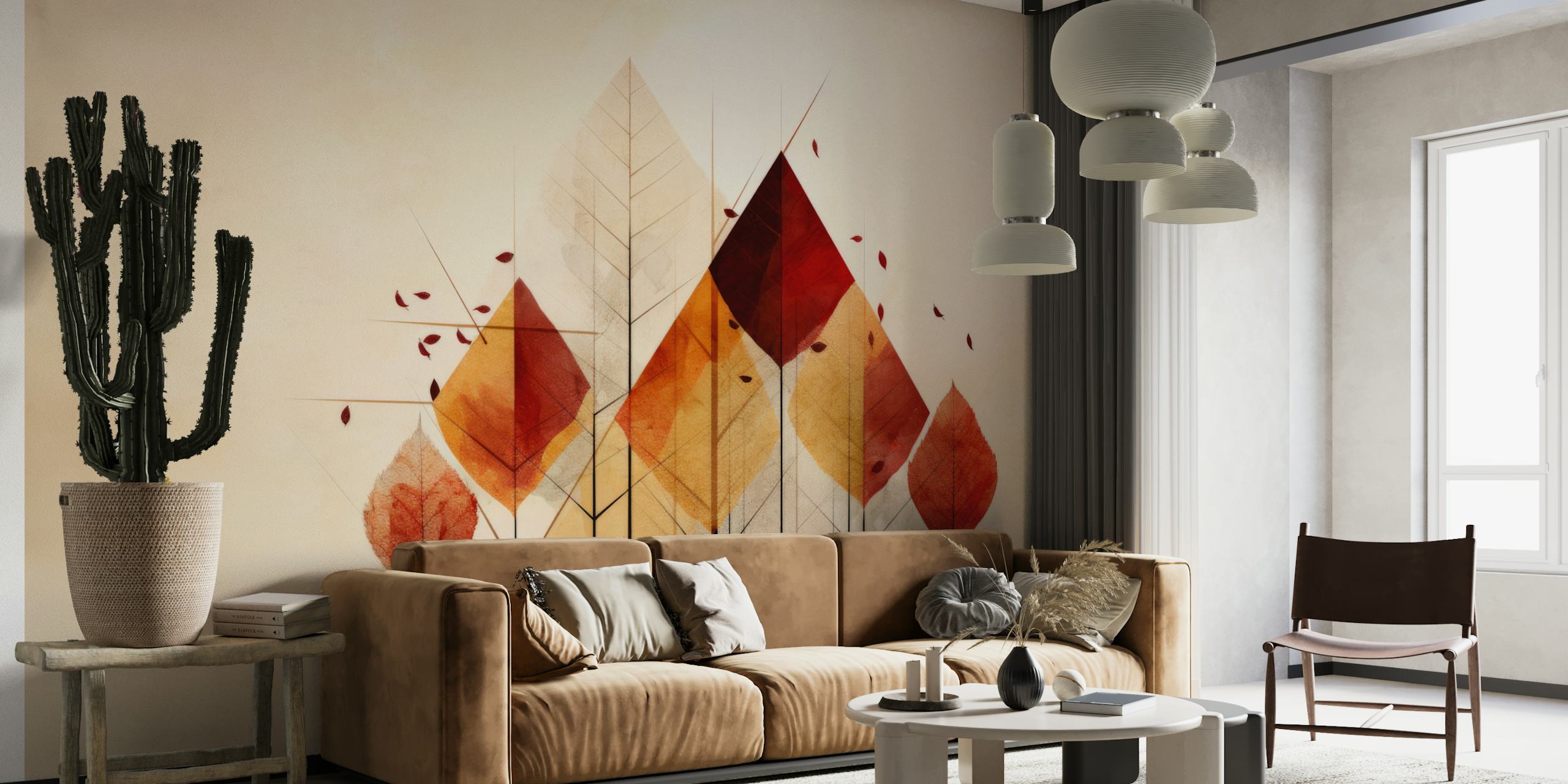 Geometric design with red and yellow leaves on a soft background wallpaper