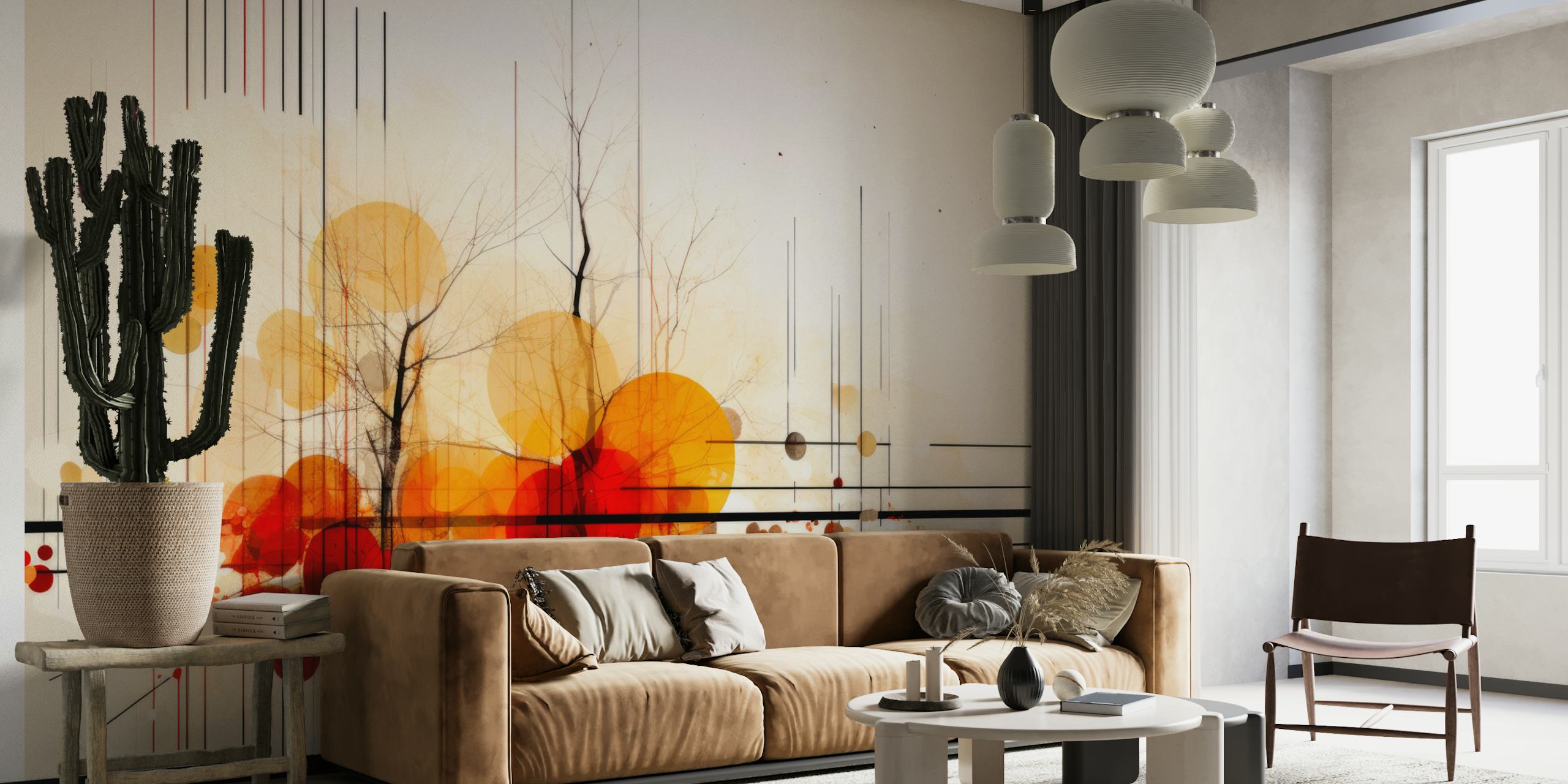 Geometric orange and red patterns with tree silhouettes wall mural