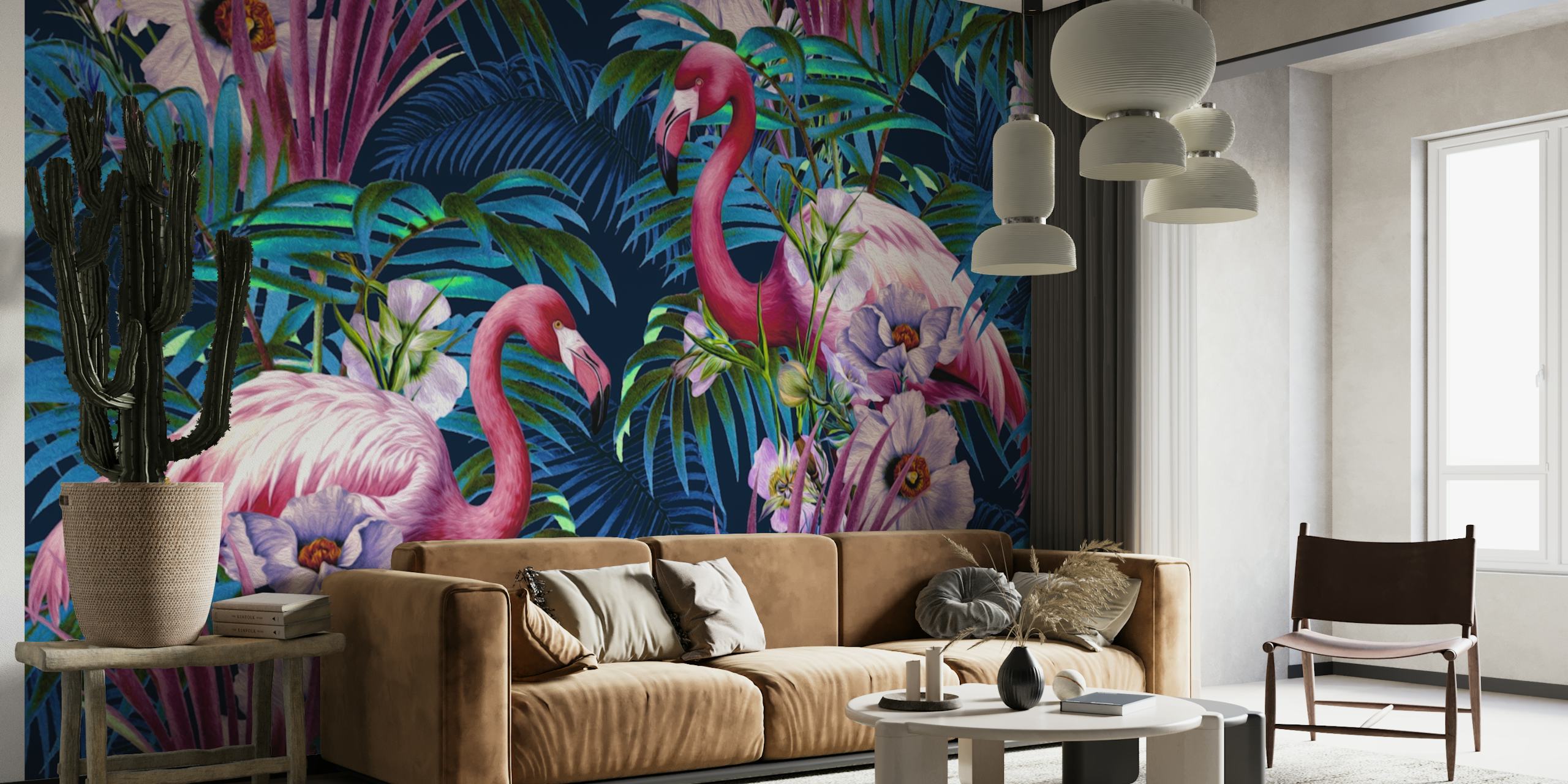 Elegante flamingo's tussen tropisch gebladerte op een donkerblauwe muurschildering als achtergrond