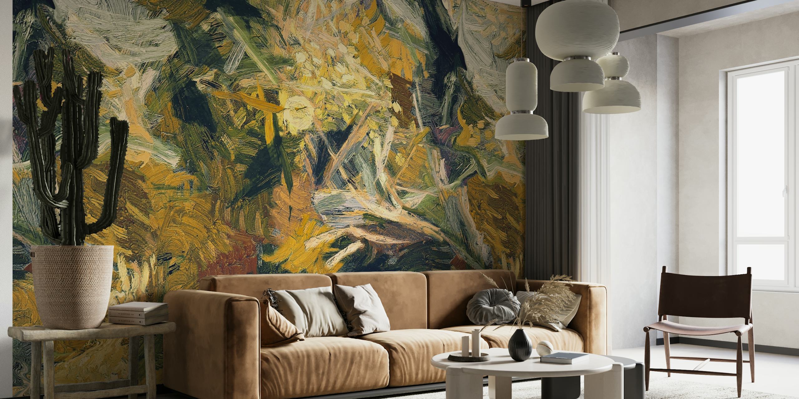 Abstract earth tones wall mural with dynamic organic shapes