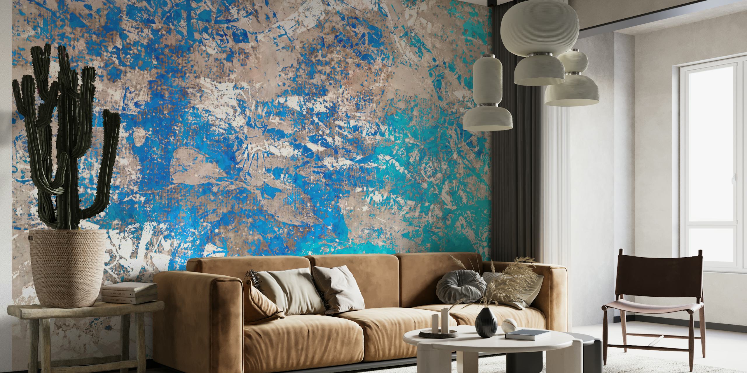 Mural de parede abstrato com tons azul-petróleo e neutros em estilo de arte em tela