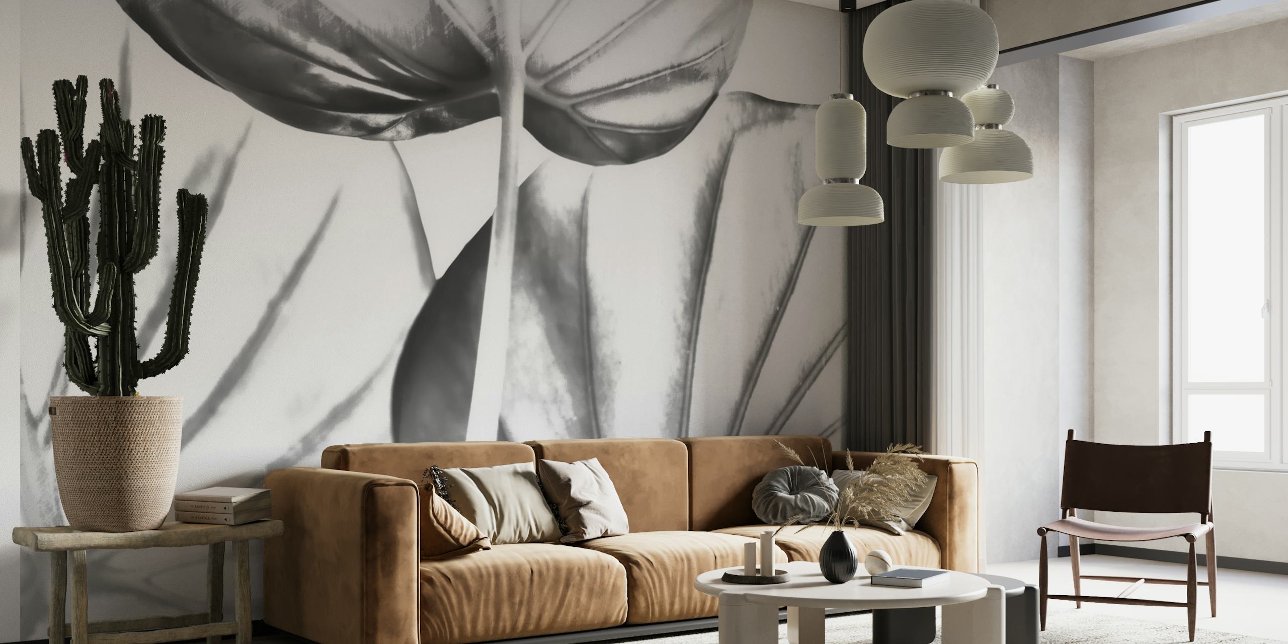 Japandi leaf drawing wallpaper in a room