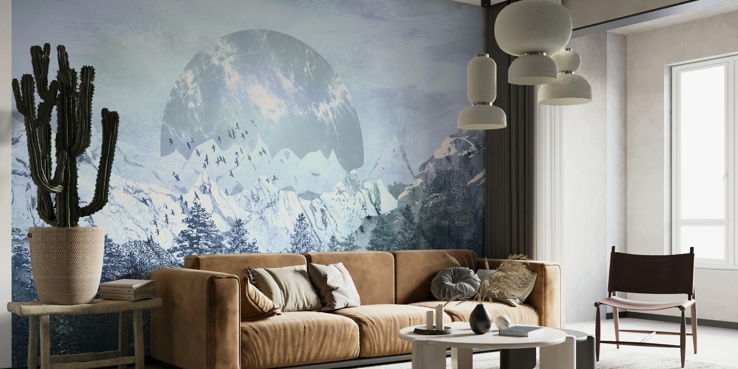 Un sereno mural que representa montañas nevadas azules bajo un cielo iluminado por la luna