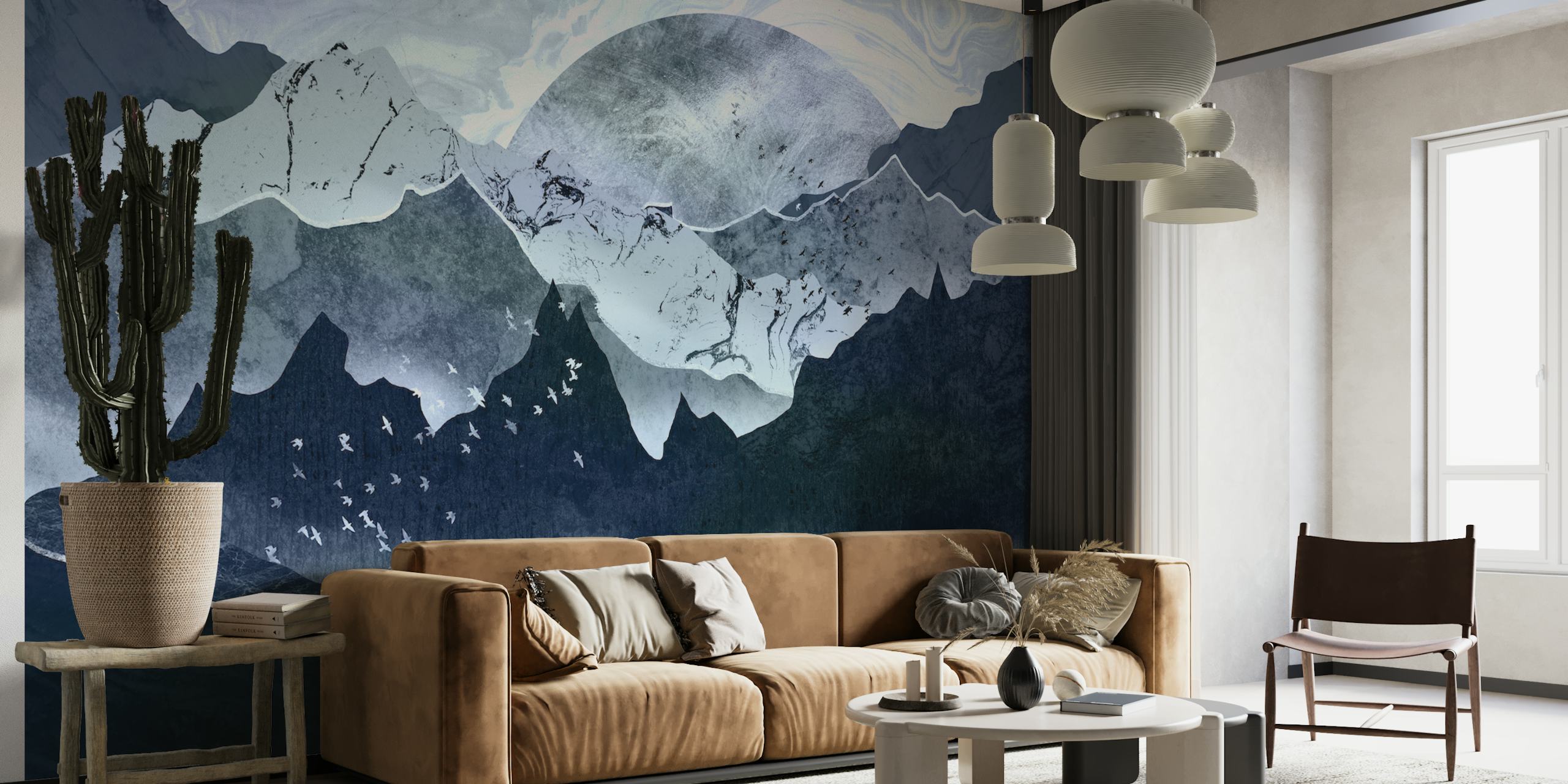Blue mountains with white birds flying above wallpaper