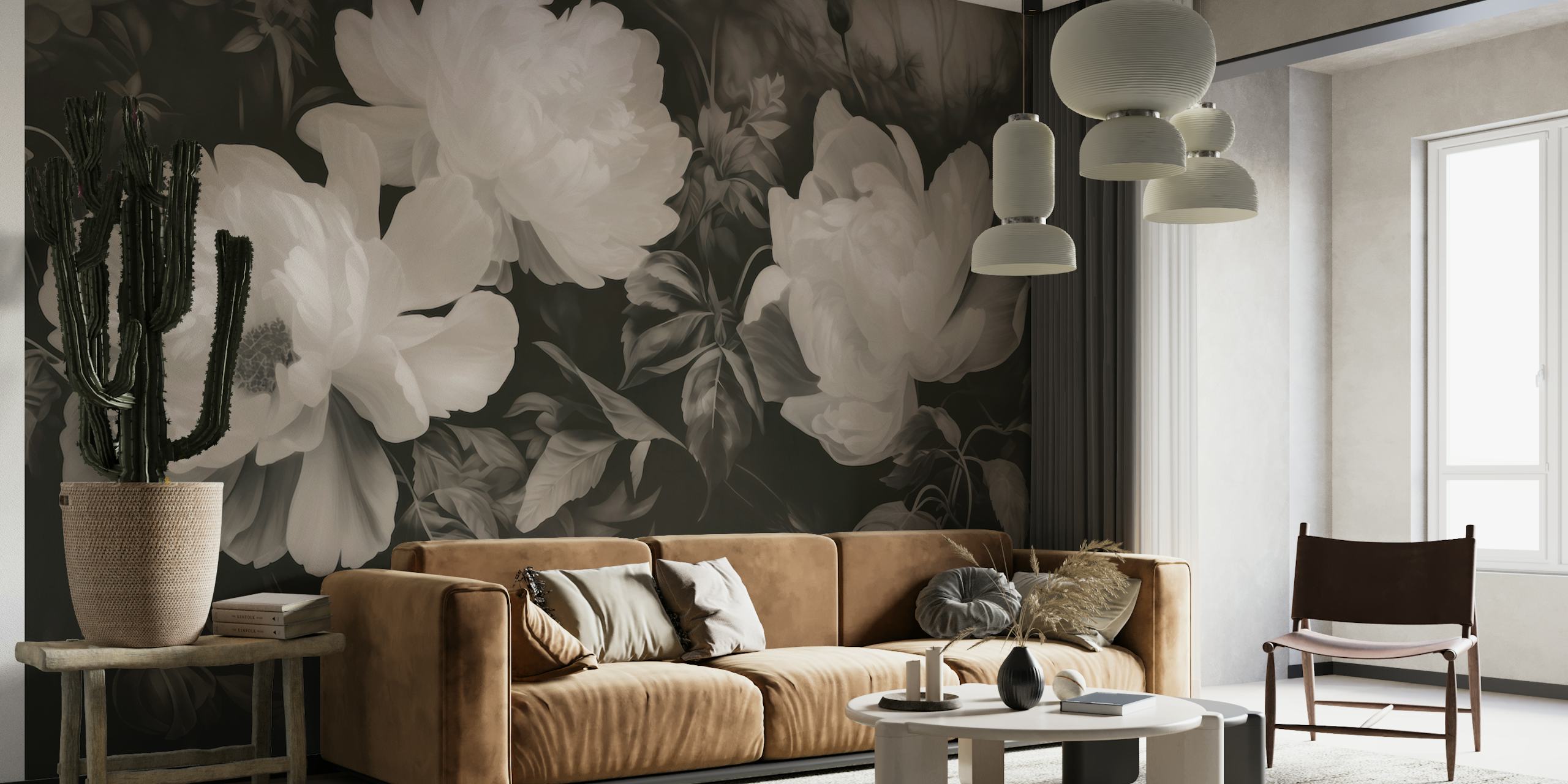 Moody botanical wallpaper with Baroque flowers