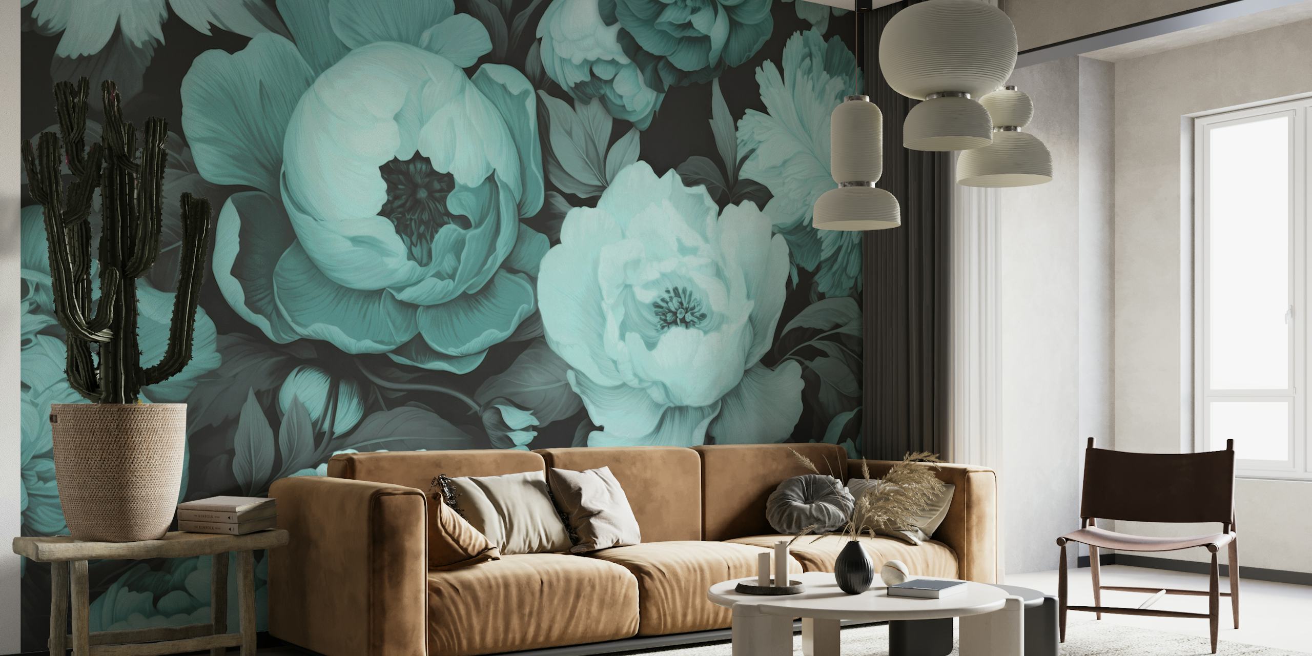 Opulent Baroque Flowers Moody Botanical Art Teal wallpaper