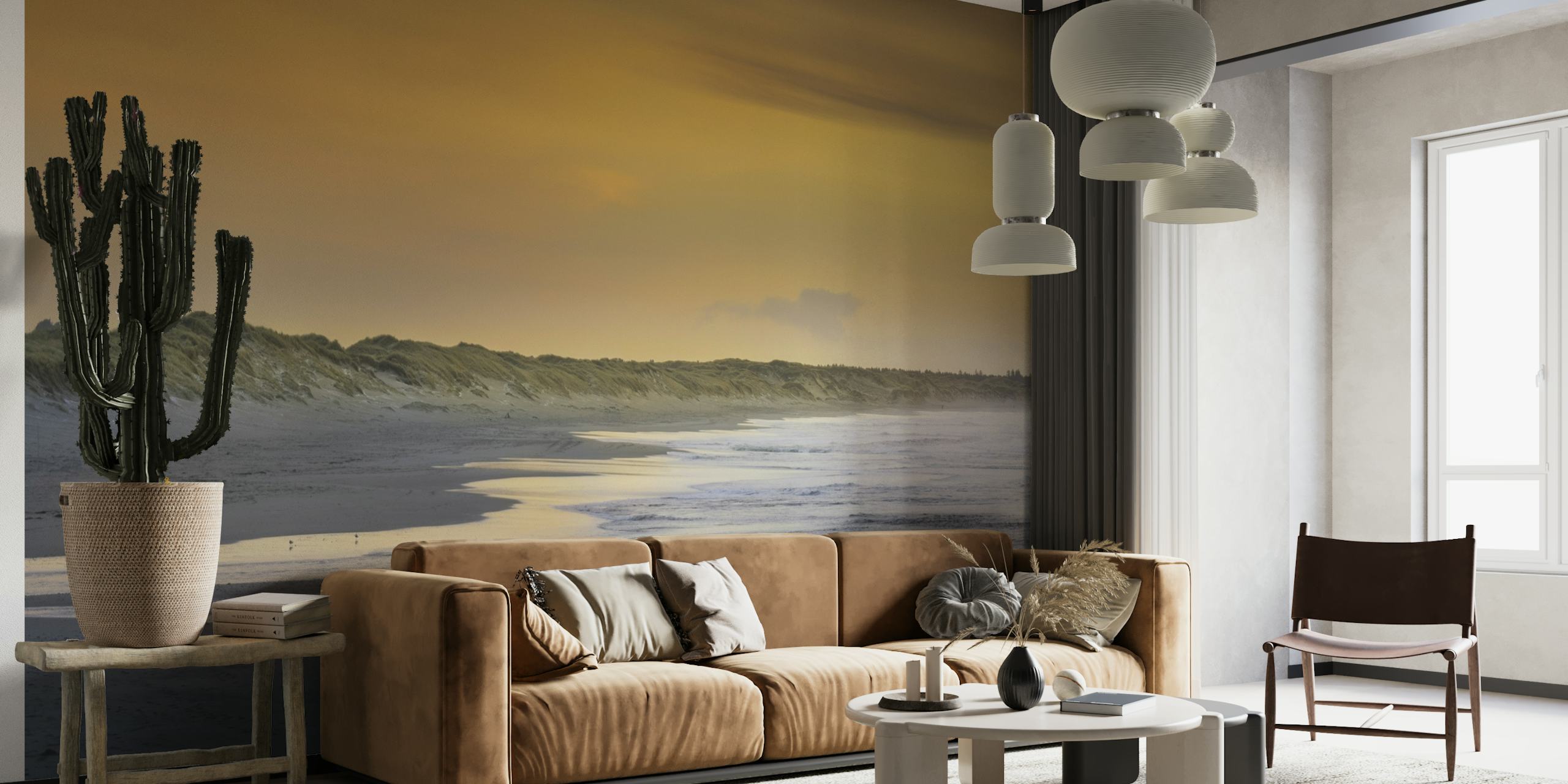 Winter beach wall mural with sunset and reflective wet sand
