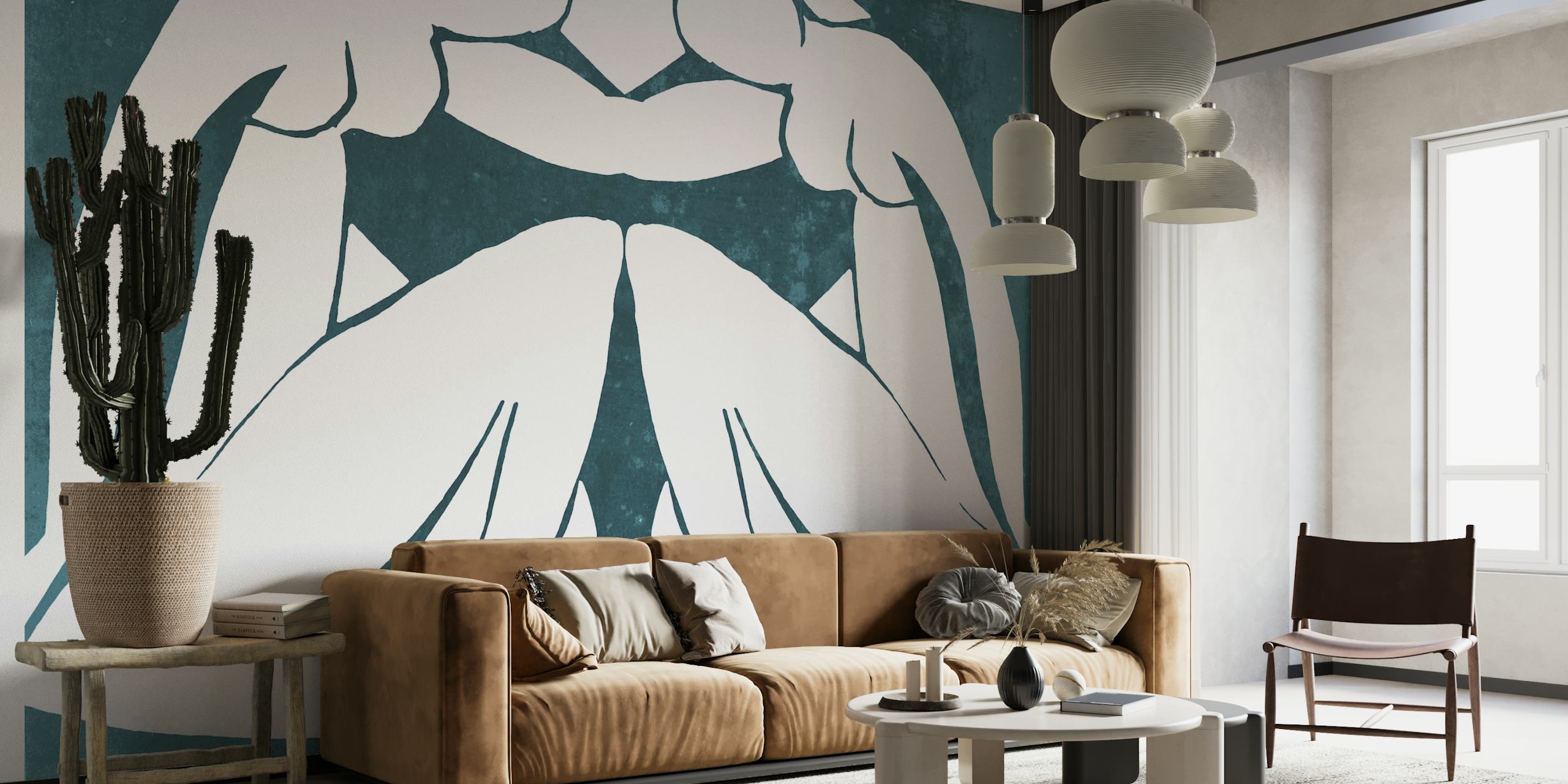 Figuras abstratas inspiradas em Matisse em fotomural vinílico de parede verde-azulado