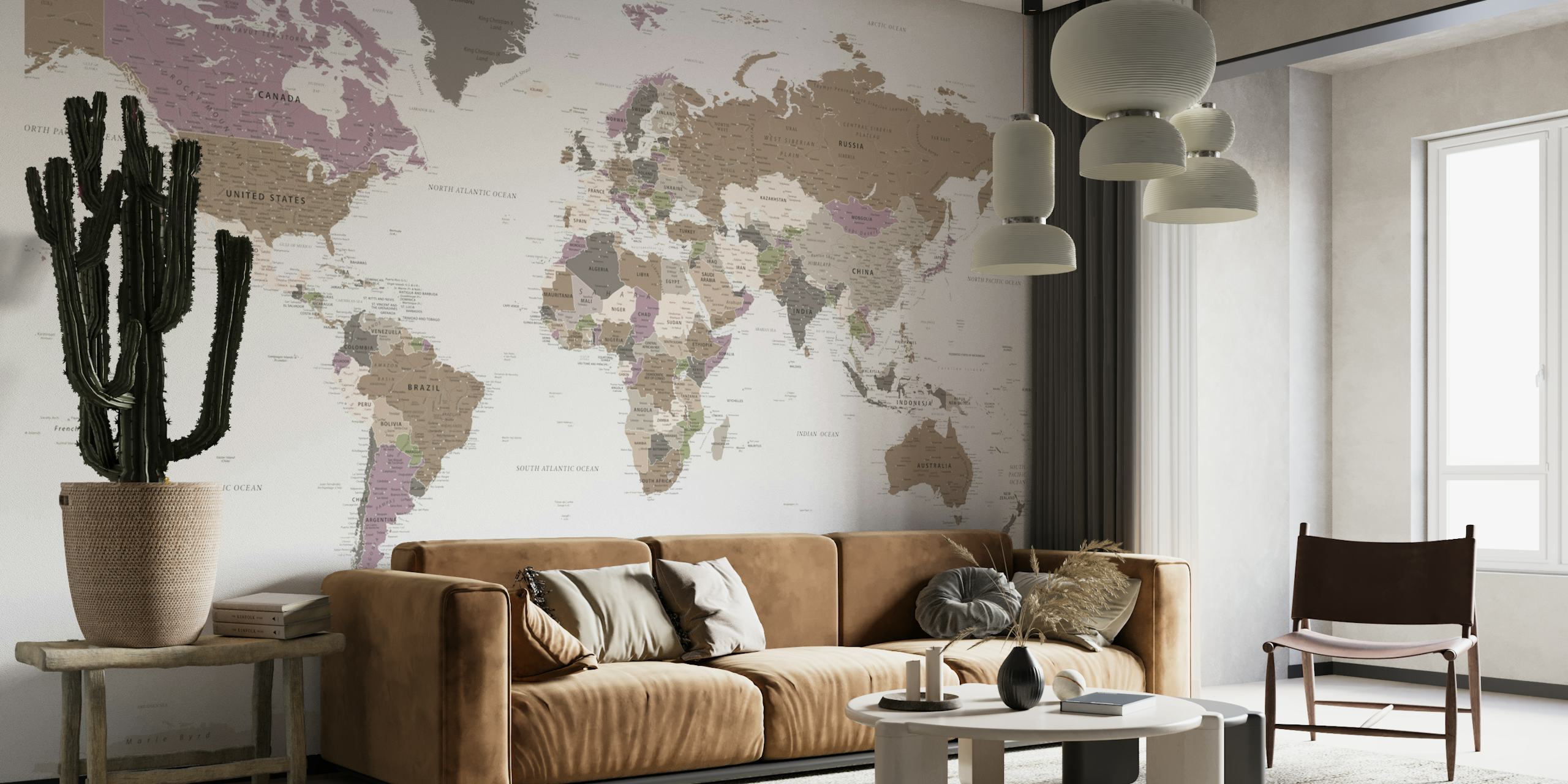 Detailed World Map Warm Neutrals papel de parede