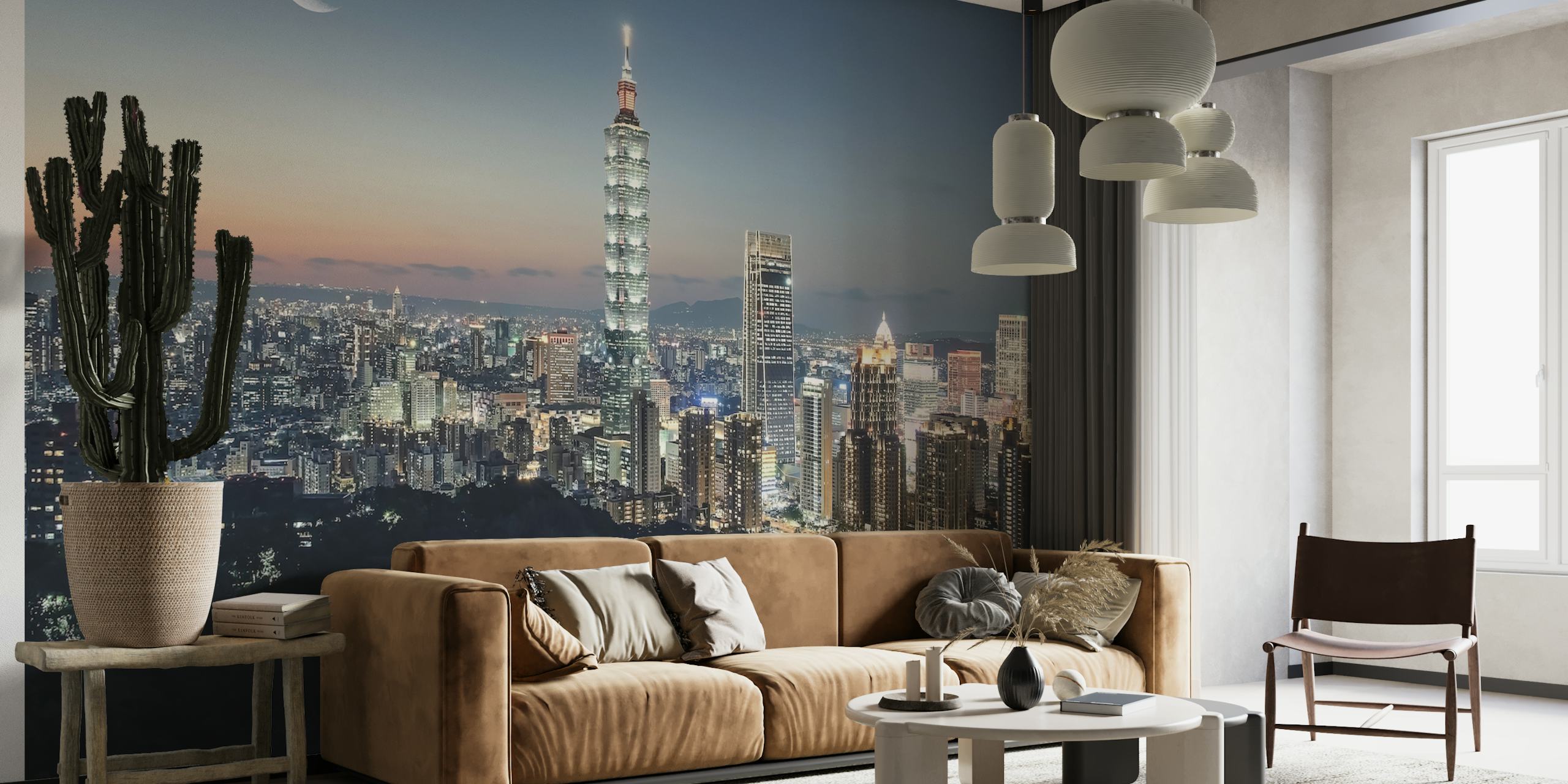 Fototapeta przedstawiająca panoramę Tajpej z półksiężycem wschodzącym nad miastem o zmierzchu