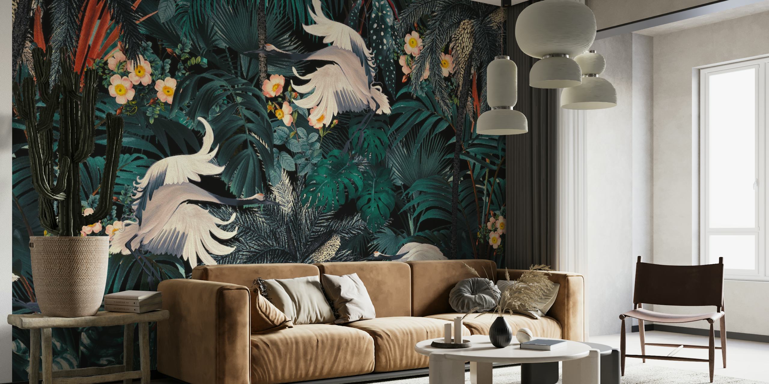 Papel pintado Bird Jungle en una habitación decorada