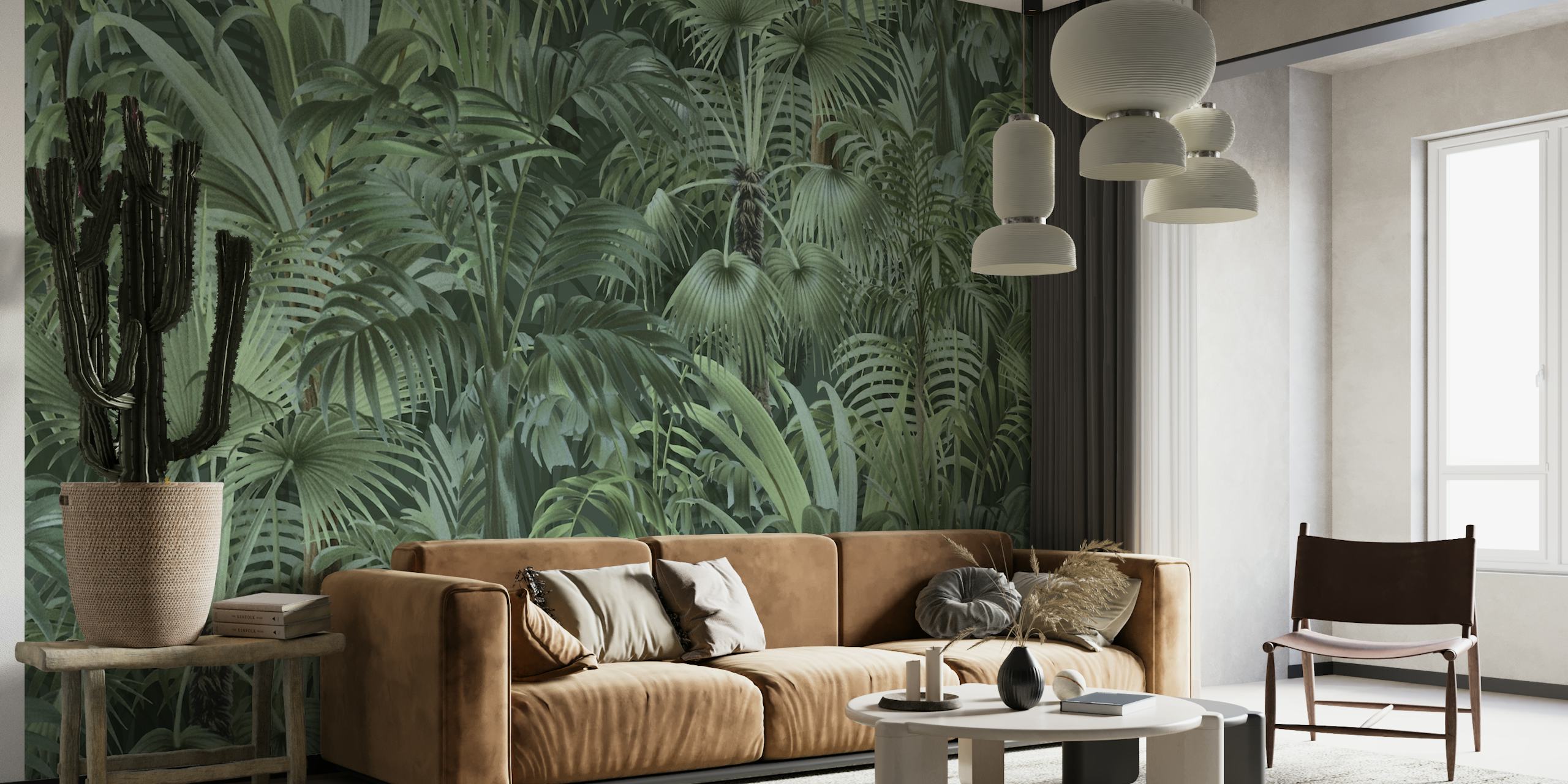 Mural de pared de denso follaje tropical con diferentes tonos de verde, que crea una encantadora atmósfera selvática.