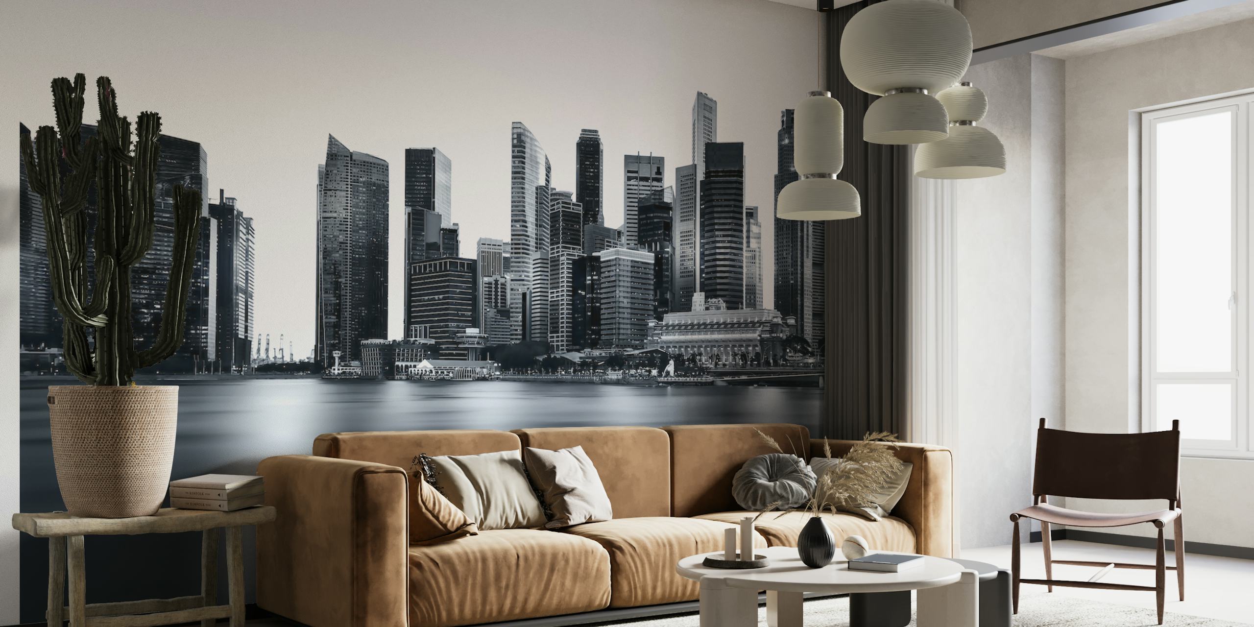 Black and white city skyline with skyscrapers wallpaper