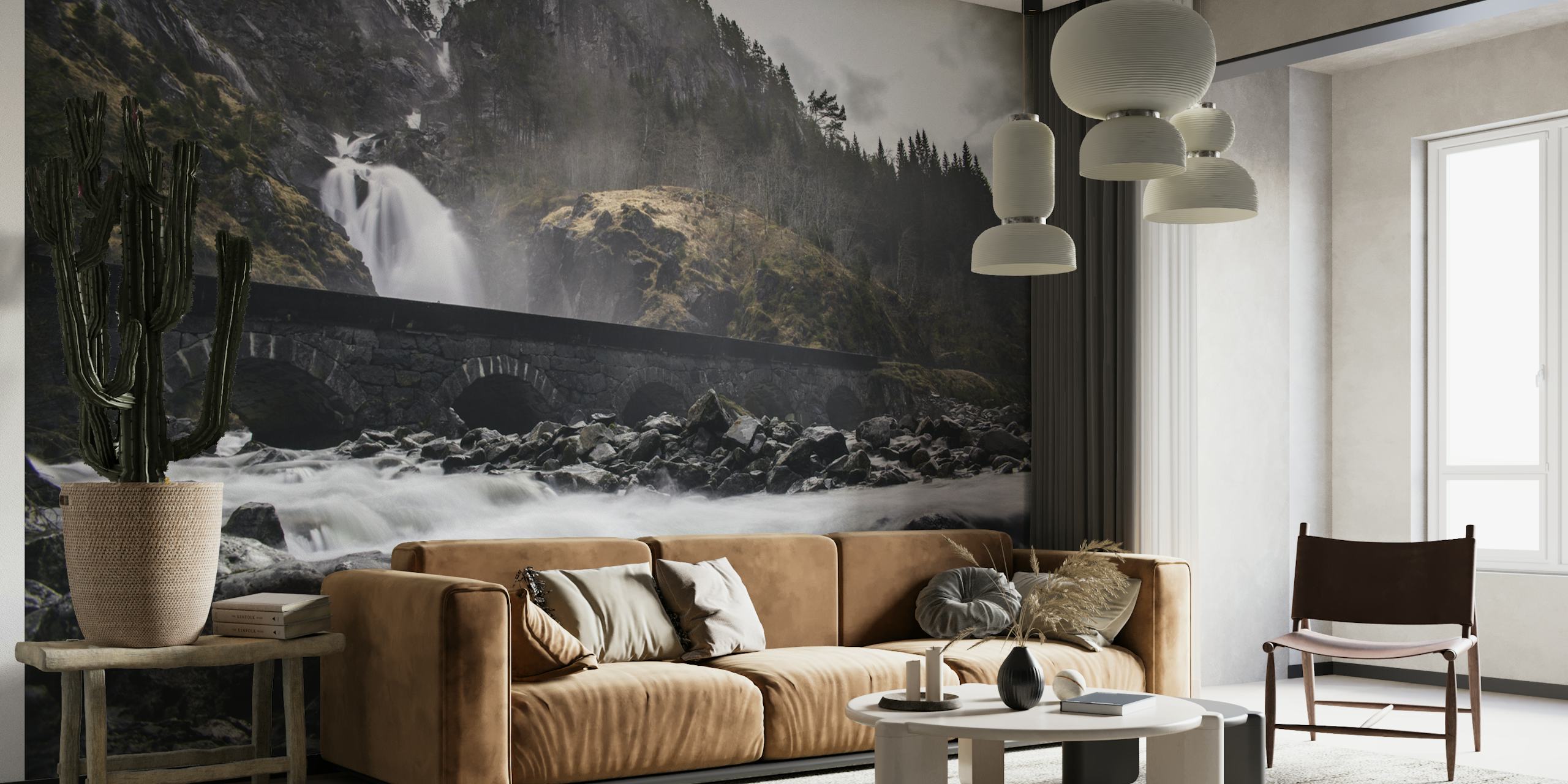 Misty waterfall and craggy peaks wall mural