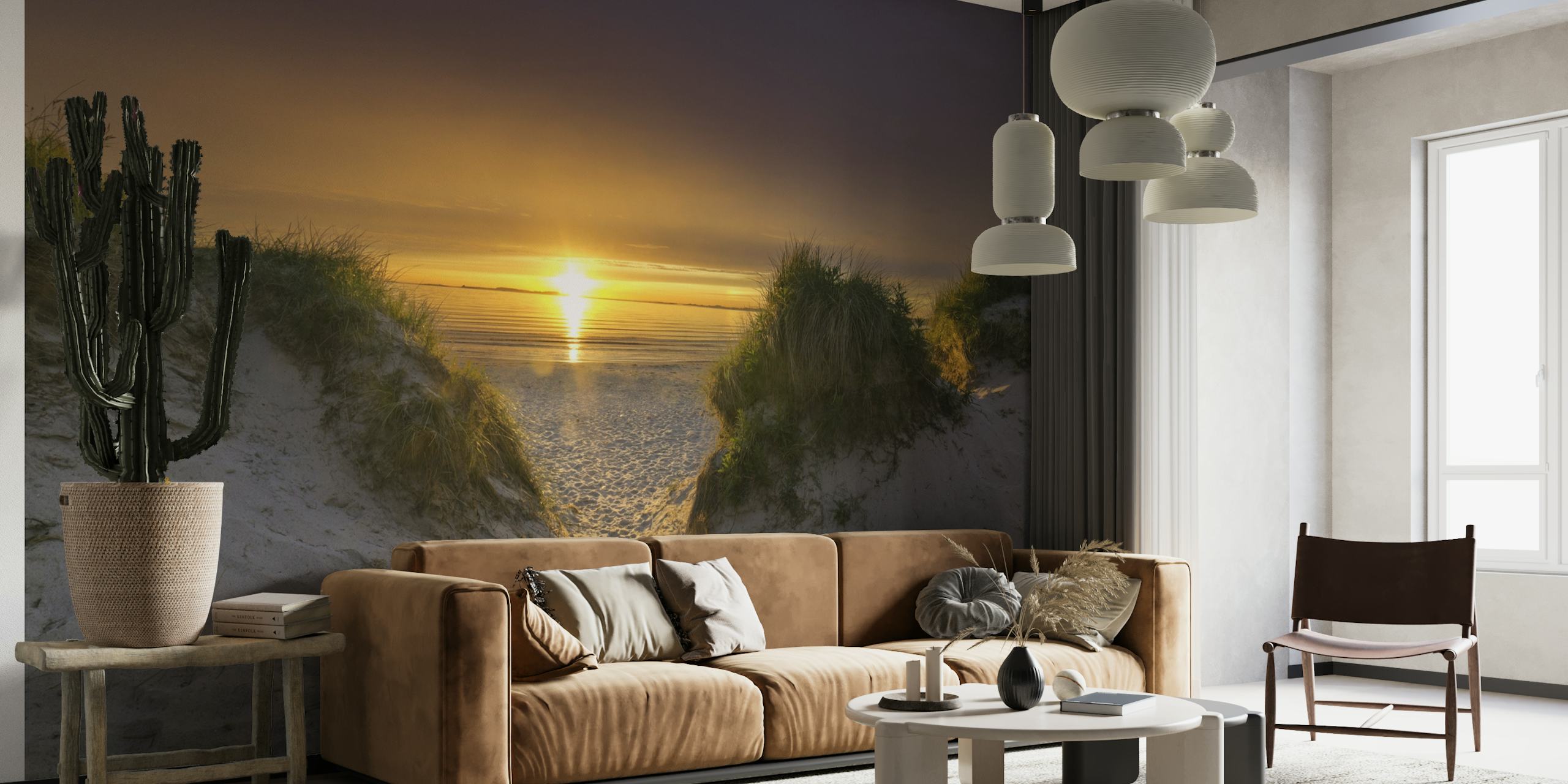 Fototapete am Strand bei Sonnenuntergang mit Sandweg, der durch die Dünen zum Meer führt