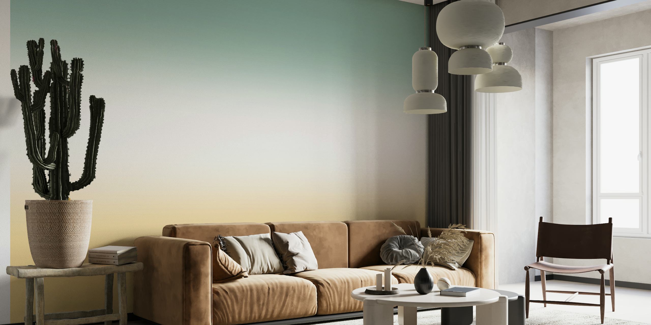 Green ochre gradient wallpaper in a room
