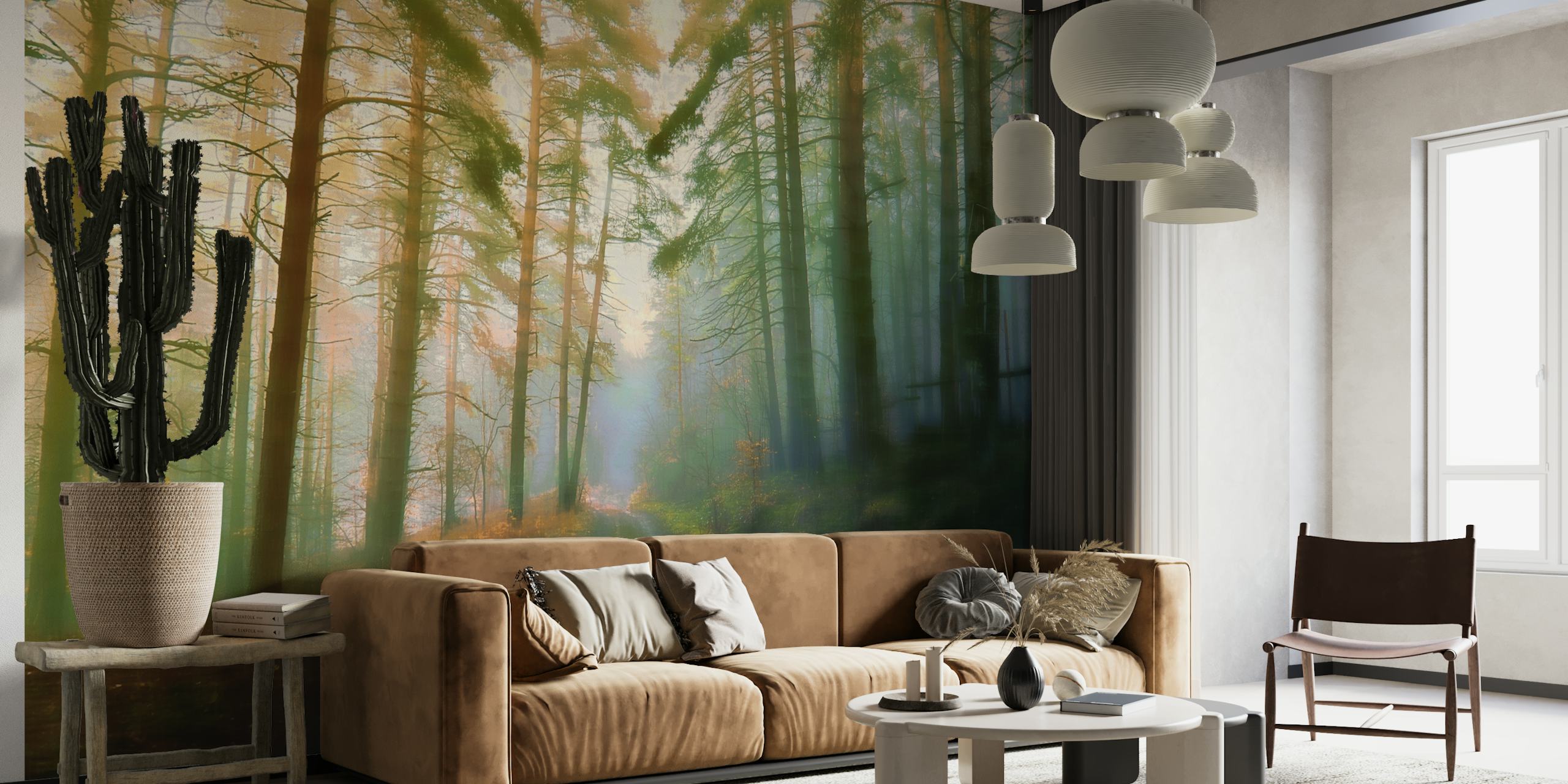 Fototapeta mglista leśna ścieżka ze światłem słonecznym przepływającym przez drzewa