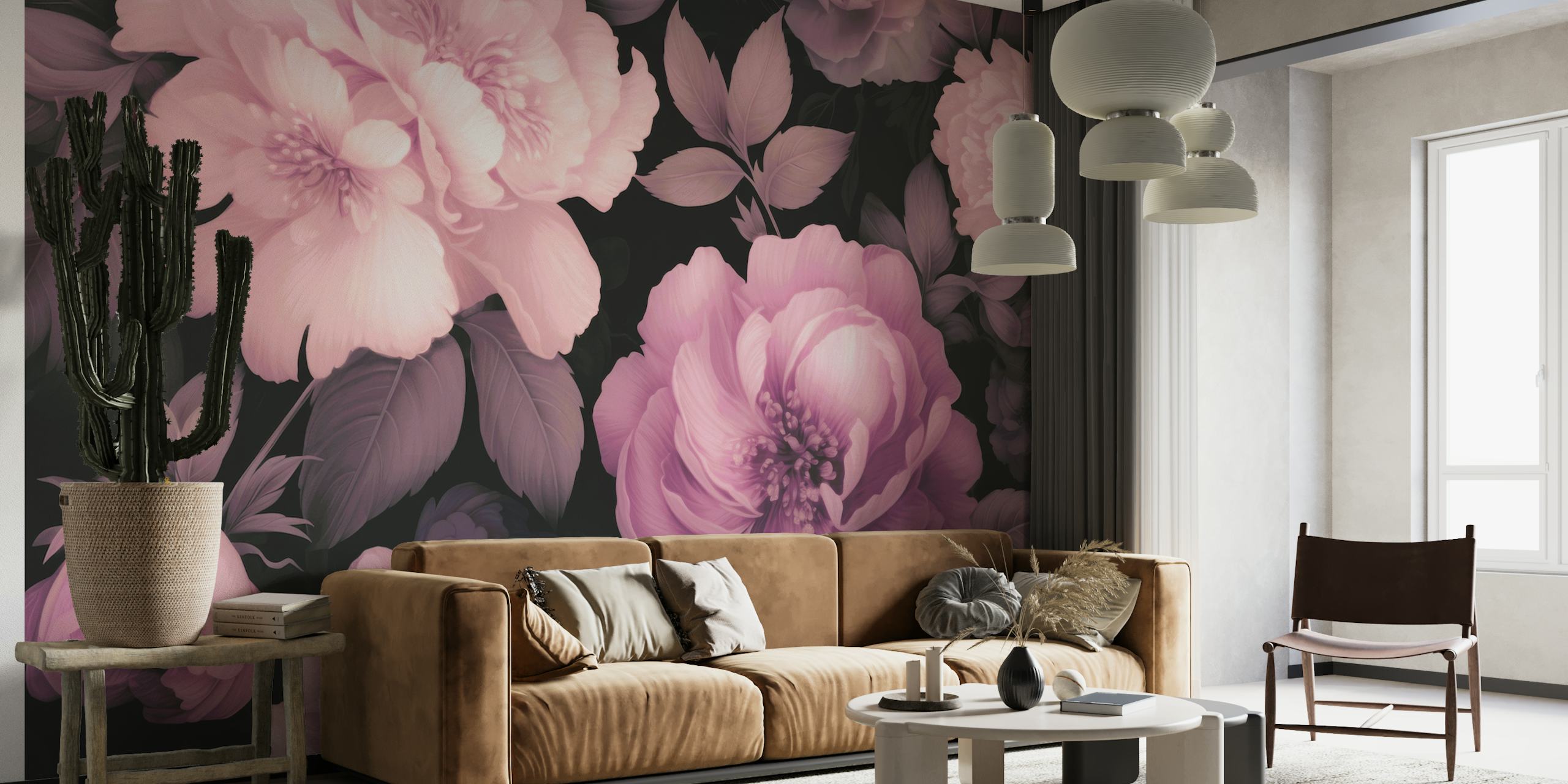 Pink floral pattern with dark leaves on a black background wallpaper