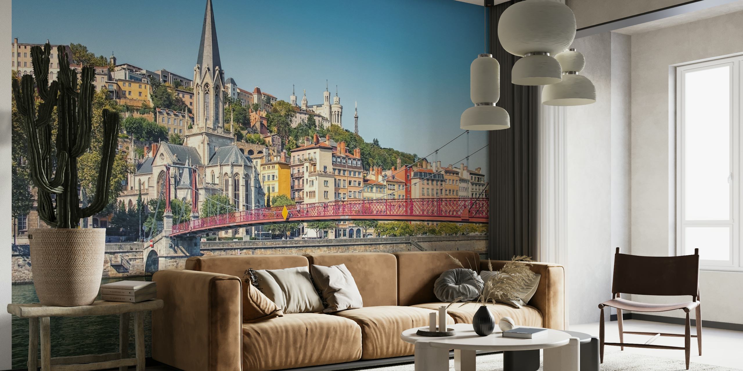 City of Lyon wallpaper showcasing colorful buildings and a bridge over water
